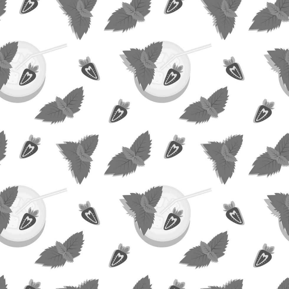 Endless pattern of cocktail with mint, half a strawberry and cocktail tube in grayscale. Summertime vector