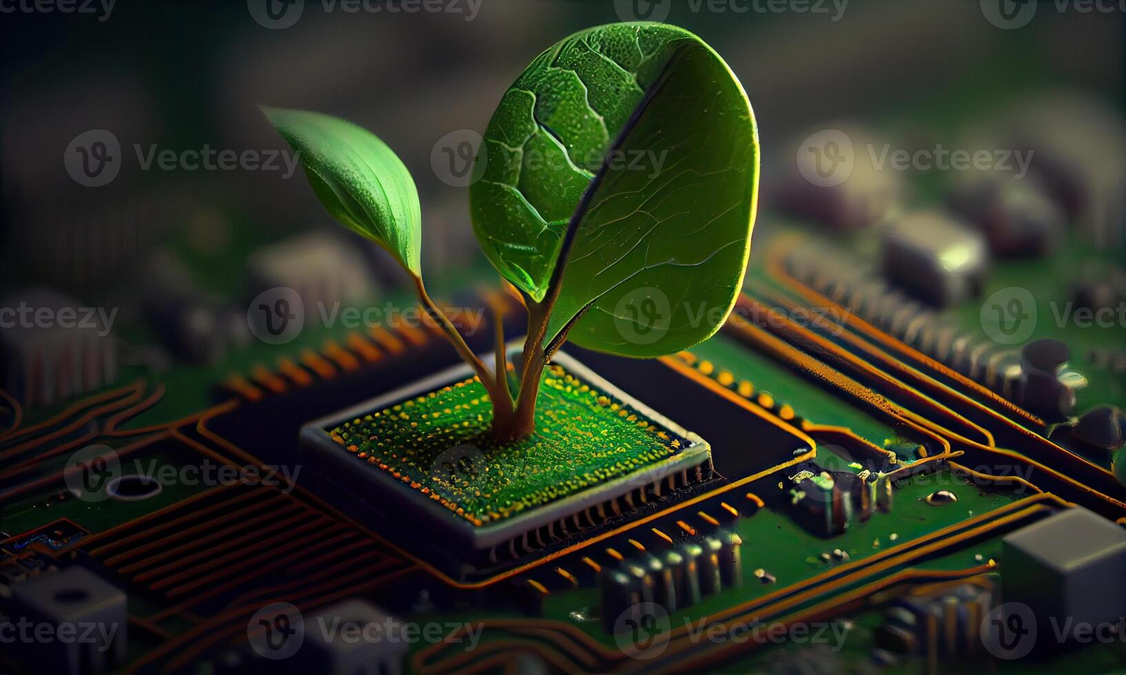 Growing tree on the converging point of acomputer circuit board. Nature with Digital Convergence and Technological Convergence. Green Computing, Green Technology, Green IT, csr, photo