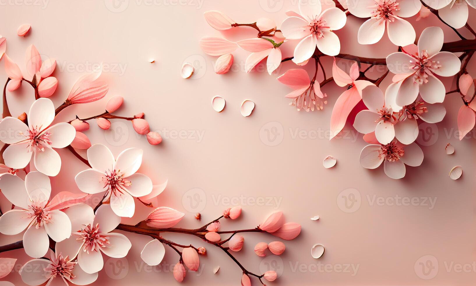Dreamy cherry blossoms as a natural border,on pink background. Cherry flowers in small clusters on a cherry tree branch on pink background with copyspace. photo