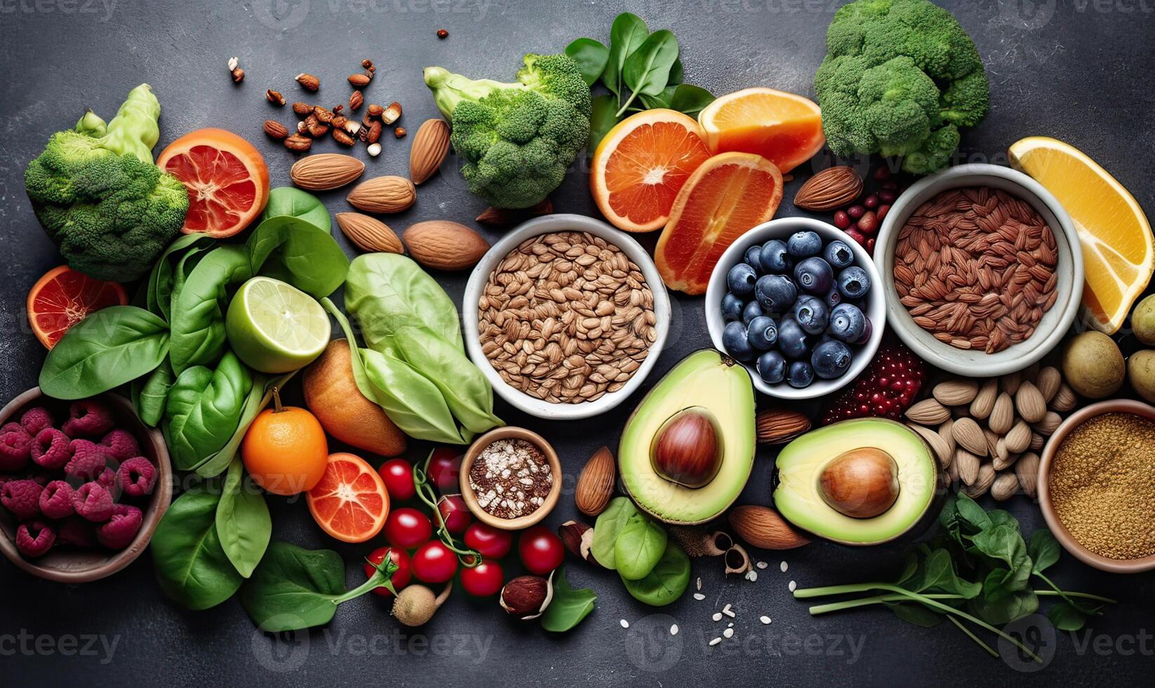 Healthy food clean eating fruit, vegetable, seeds, superfood, cereals, leaf vegetable on black wood background with copy space, top view. . photo