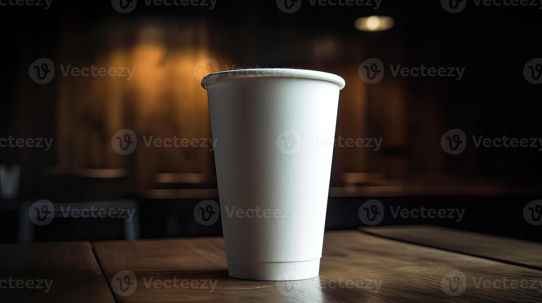 Paper Cup of coffee on wooden wall background. photo