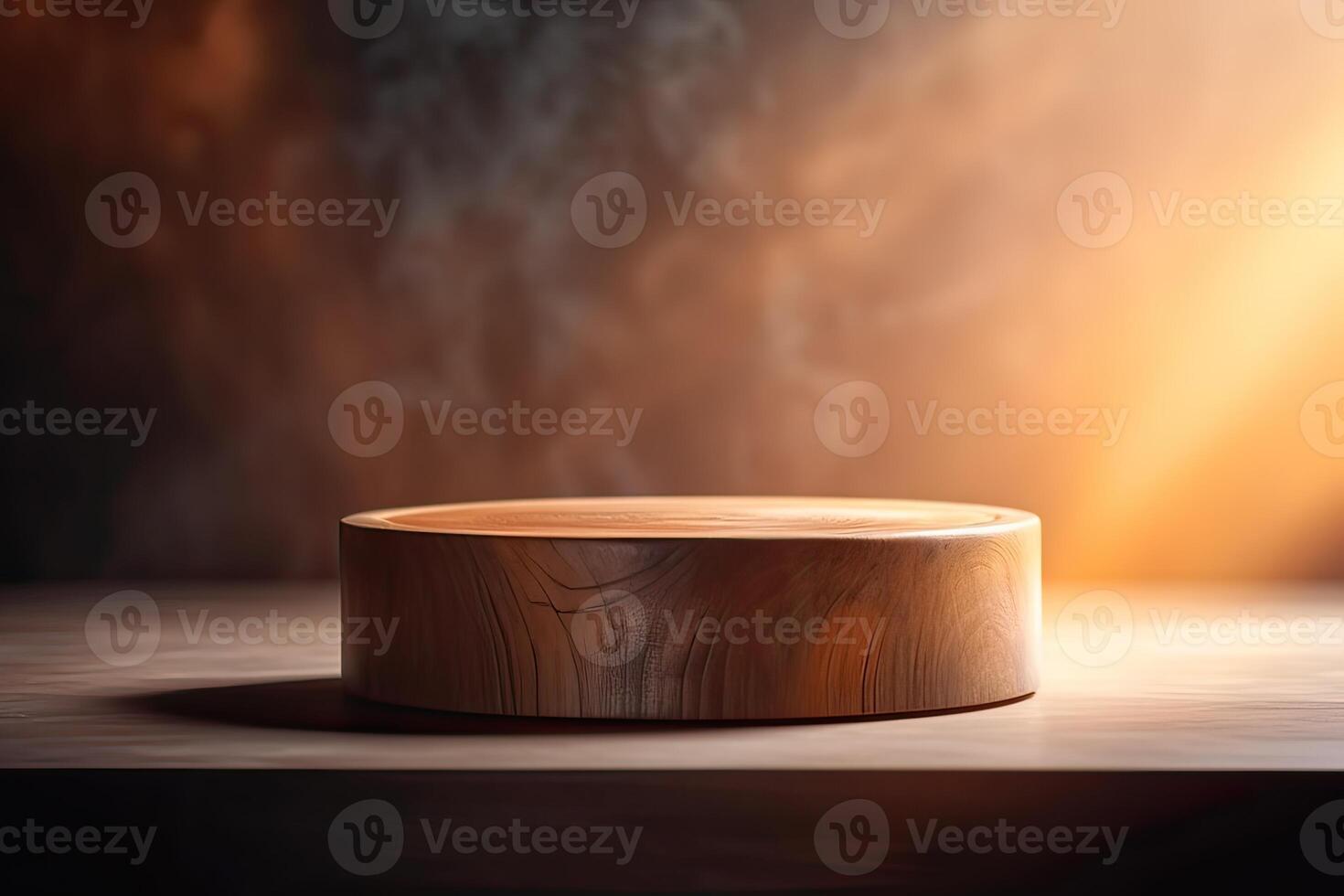 One brown wooden round cylinder product stage podium on orange background. Minimal fashion theme. Geometry exhibition stage mockup concept. 3D illustration rendering graphic design. . photo