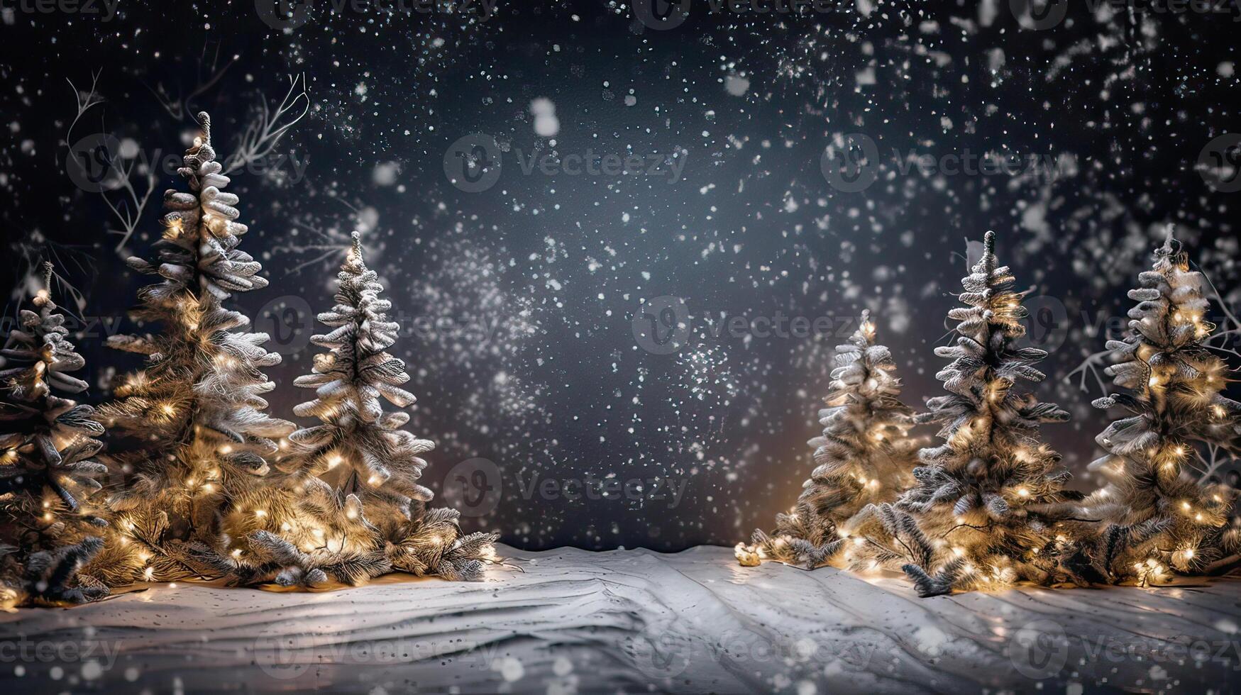 Christmas tree and Christmas lights on abstract snowy landscape background, Xmas background concept with advertising space. . photo
