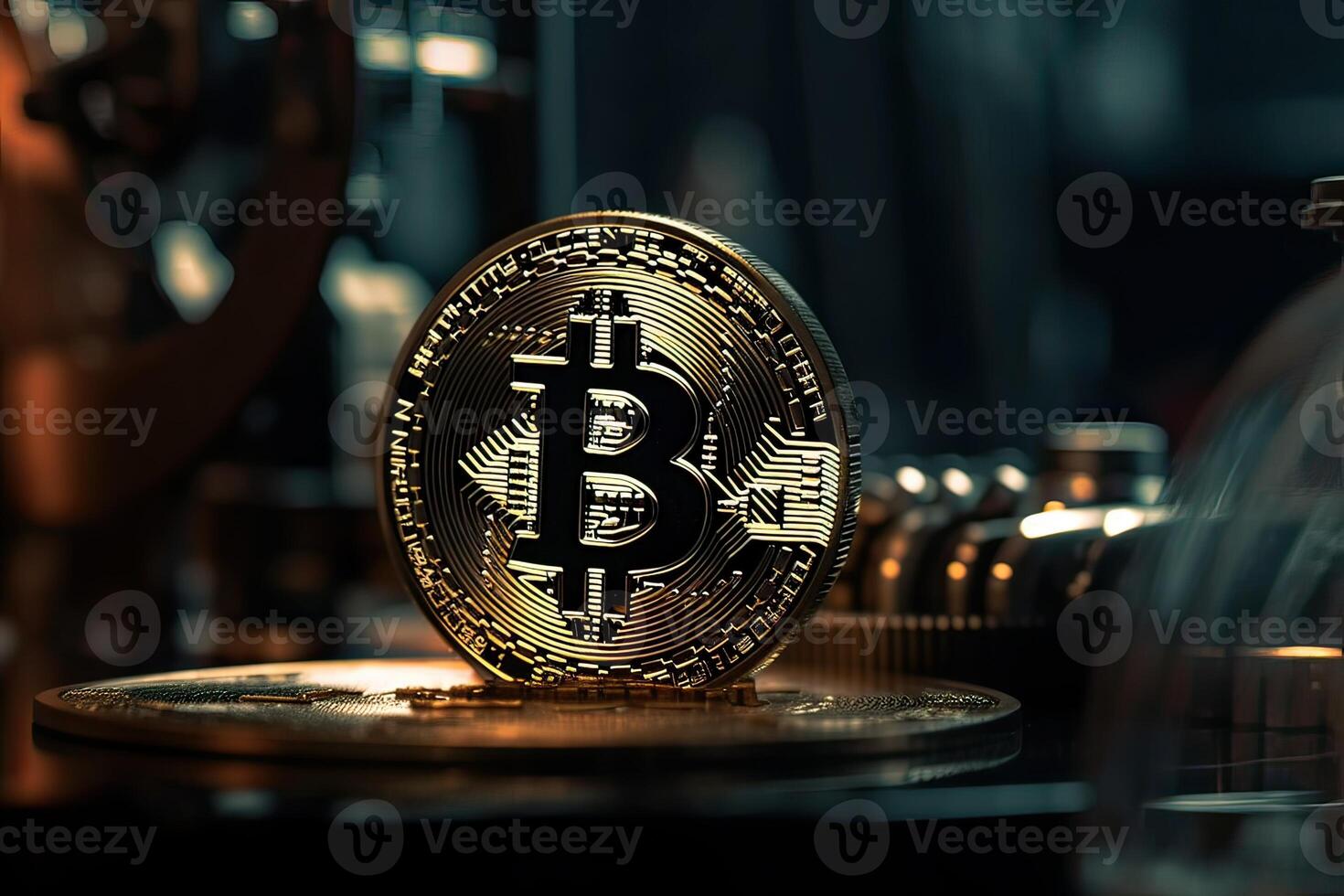 Gold coin Bitcoin on a black background. The concept of crypto currency. Blockchain technology. Mixed media. . photo