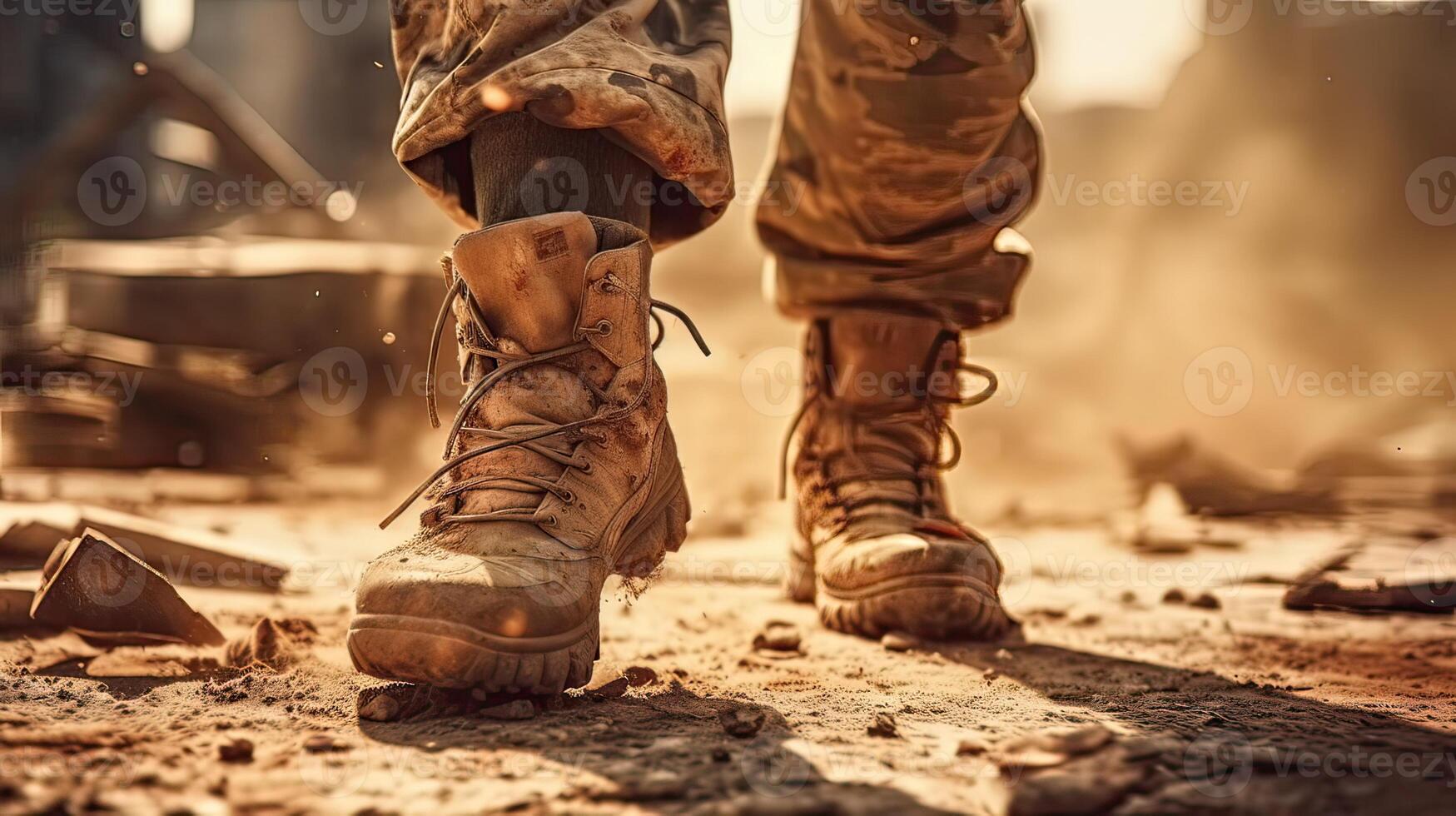 close up Illustration of a military man walking on an empty destroyed environment. Destruction, war scene. Smoke and fog. Sad combat feeling. photo