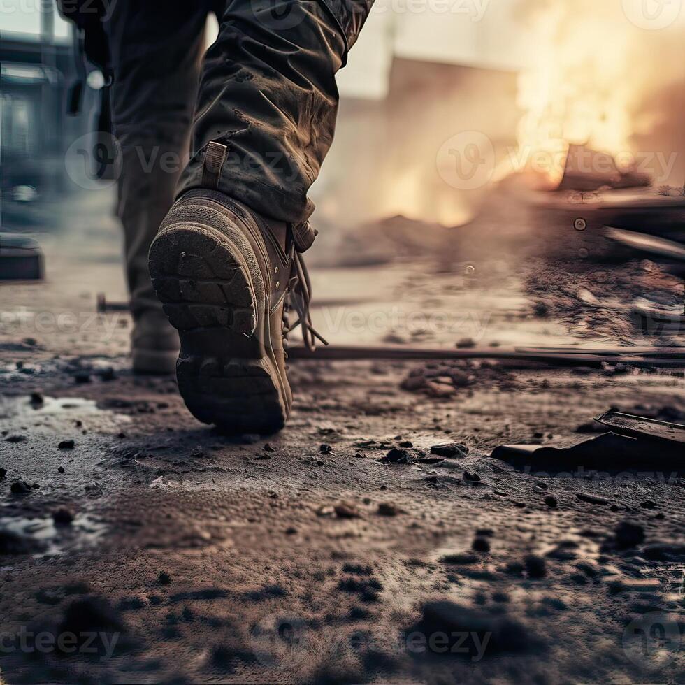 close up Illustration of a military man walking on an empty destroyed environment. Destruction, war scene. Smoke and fog. Sad combat feeling. photo