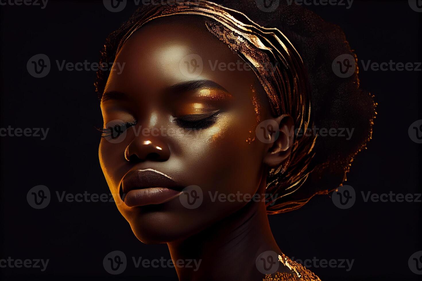 African woman, a dark-skinned woman with golden makeup. Art portrait. photo