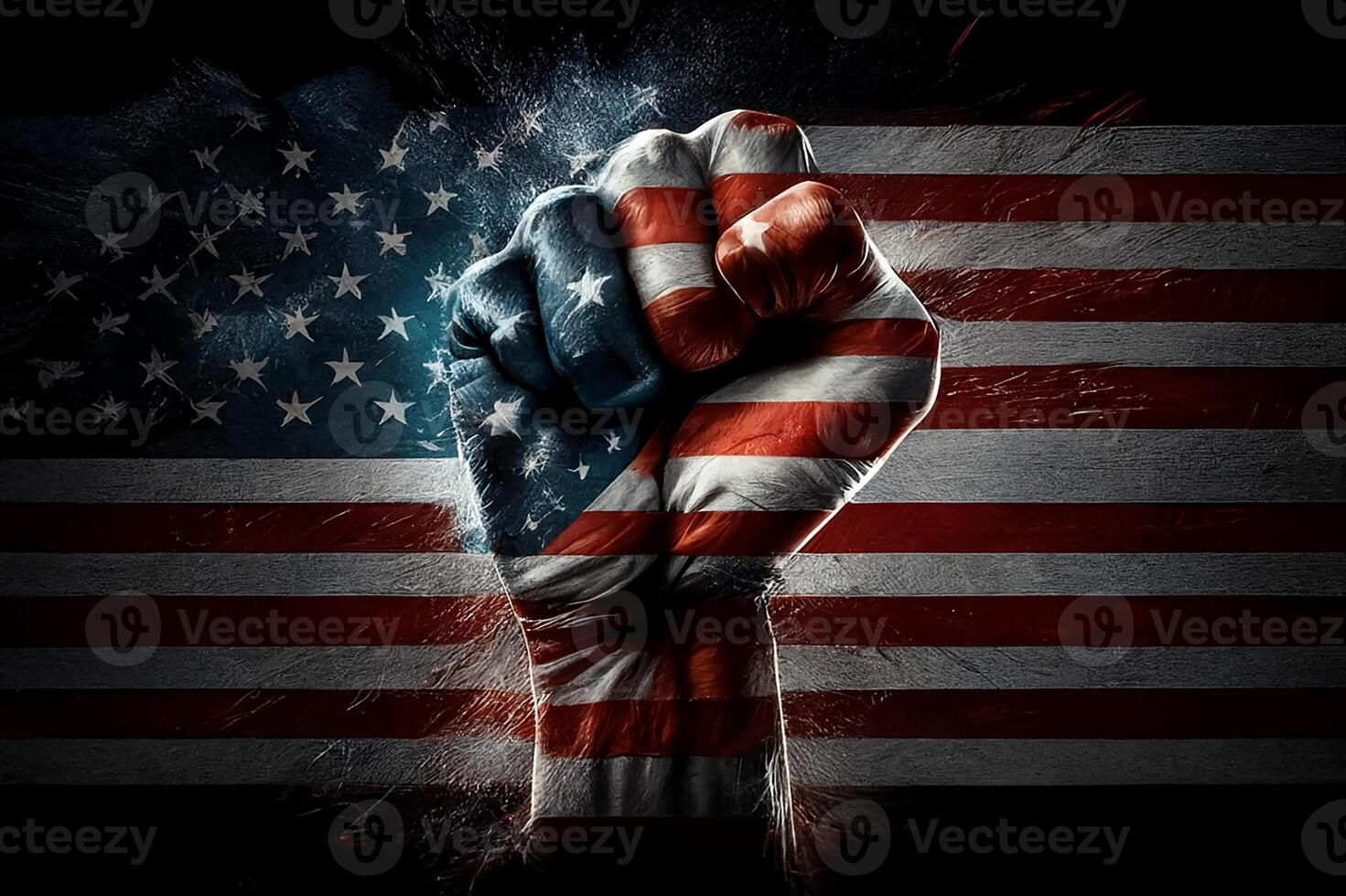 Happy Martin luther king day, art background. Fist in the colors of the American flag on the background of the American flag. photo