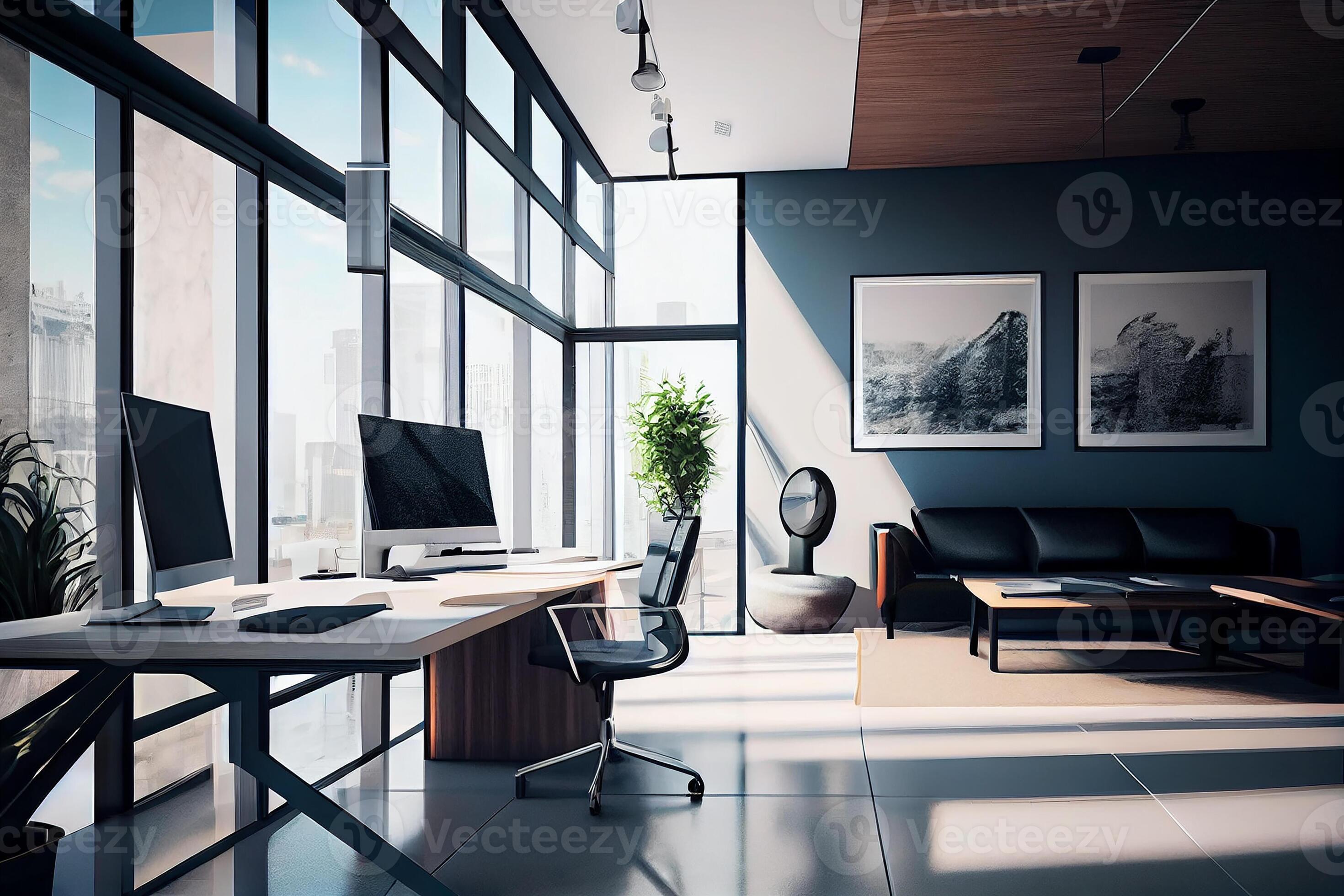 Business office in business tones, interior with large windows and sunlight