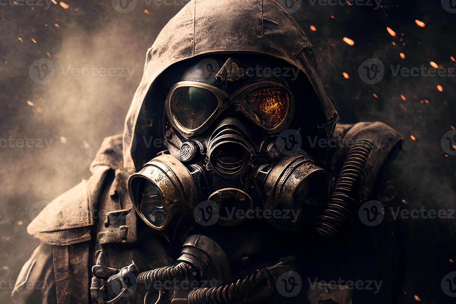 Fireman in gas mask and fire protective clothing, dark background. photo