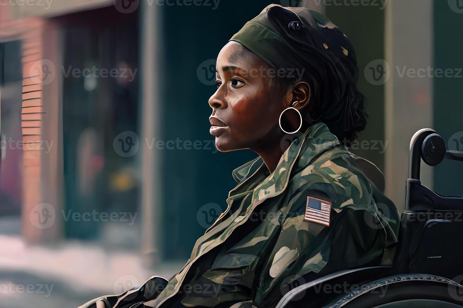 de piel oscura joven mujer, militar oficial, discapacitado hombre en uniforme y silla de ruedas en un ciudad calle. un americano héroe. generativo ai foto