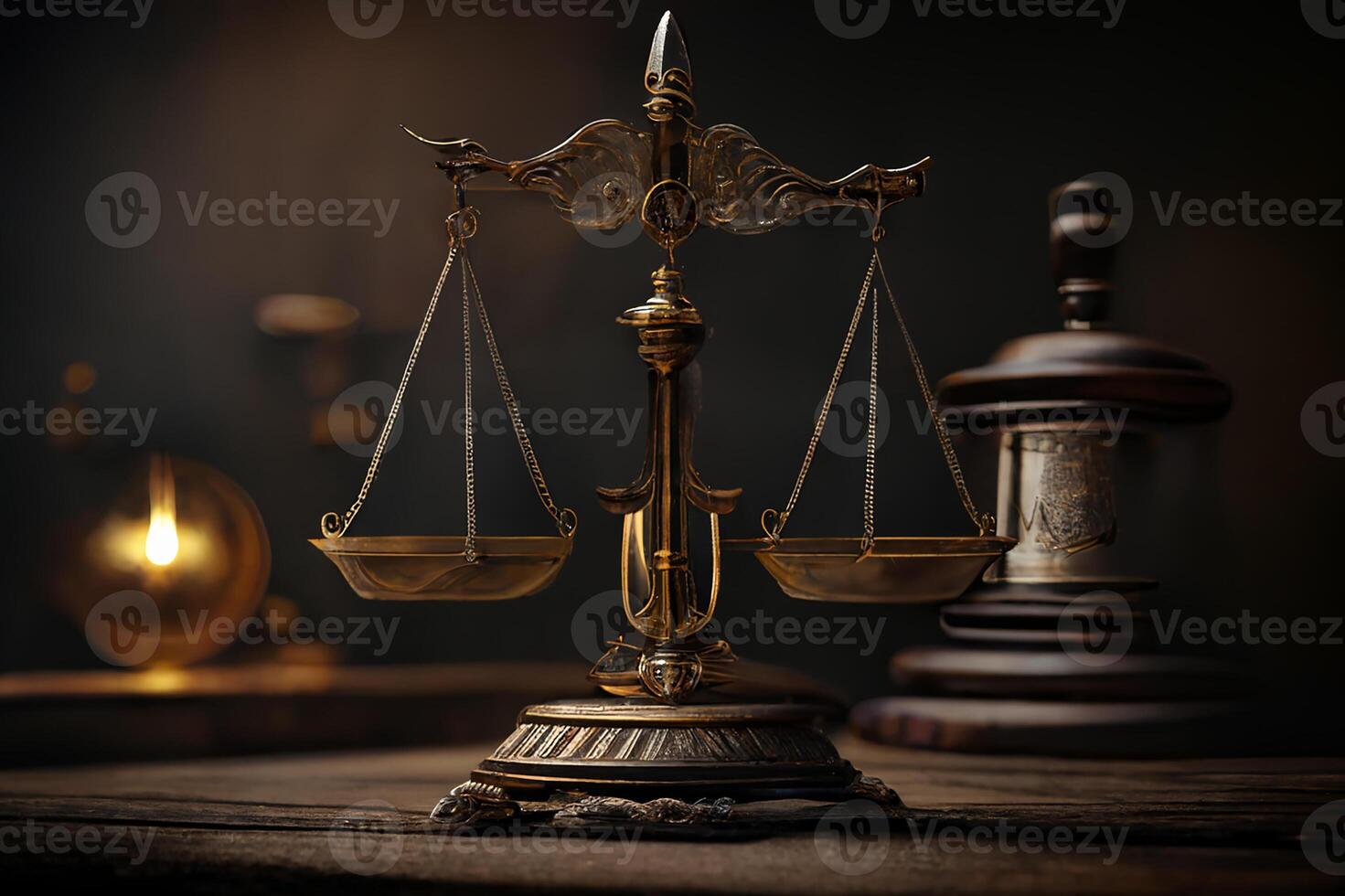 The scales of justice are on the table in the study by candlelight. photo