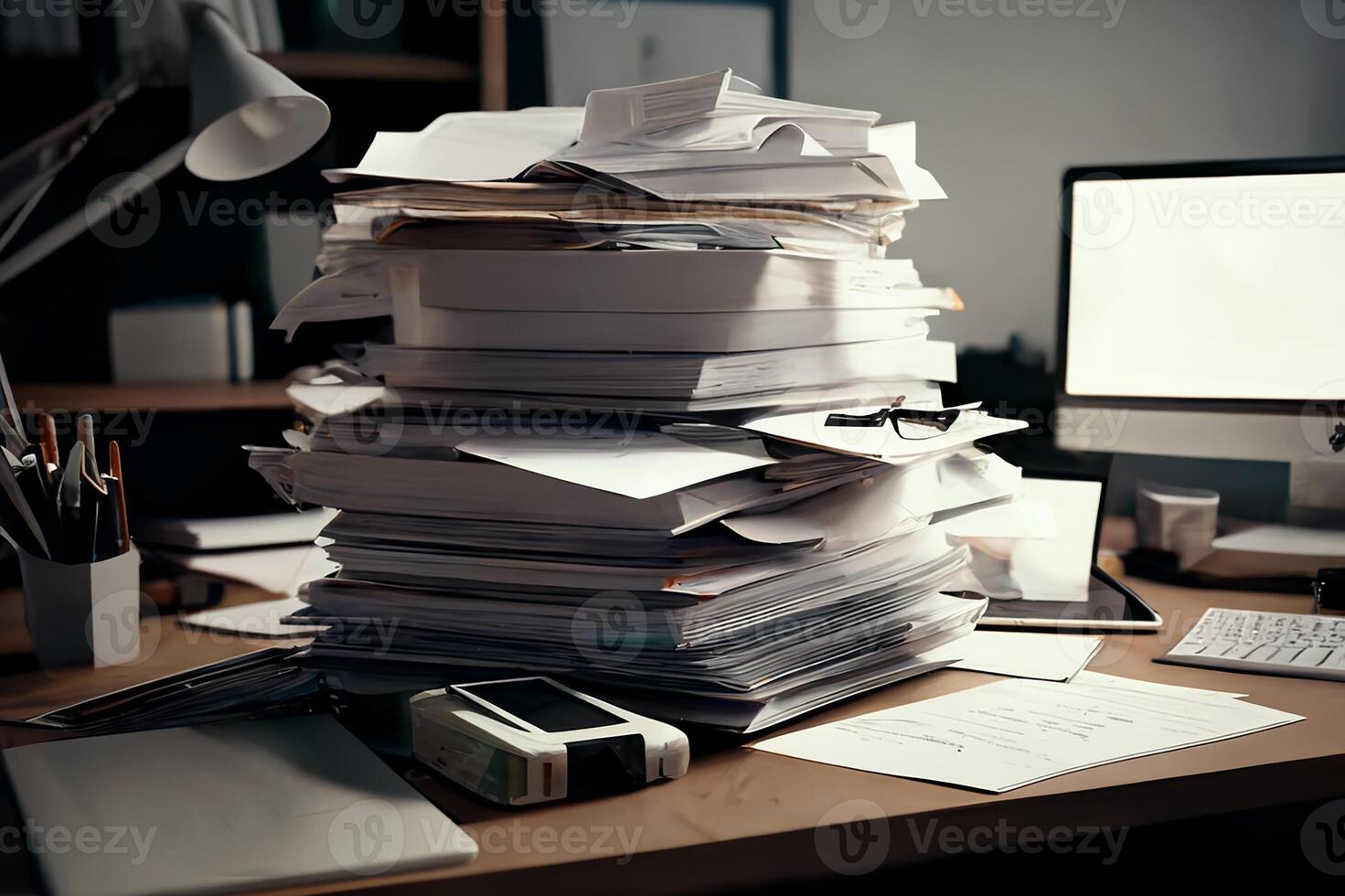 A large stack of papers in the office on the desk. Business analytics. photo