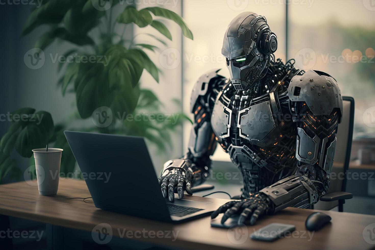 Robot working in the office at the computer. Big data center. Robot ChatGPT. photo