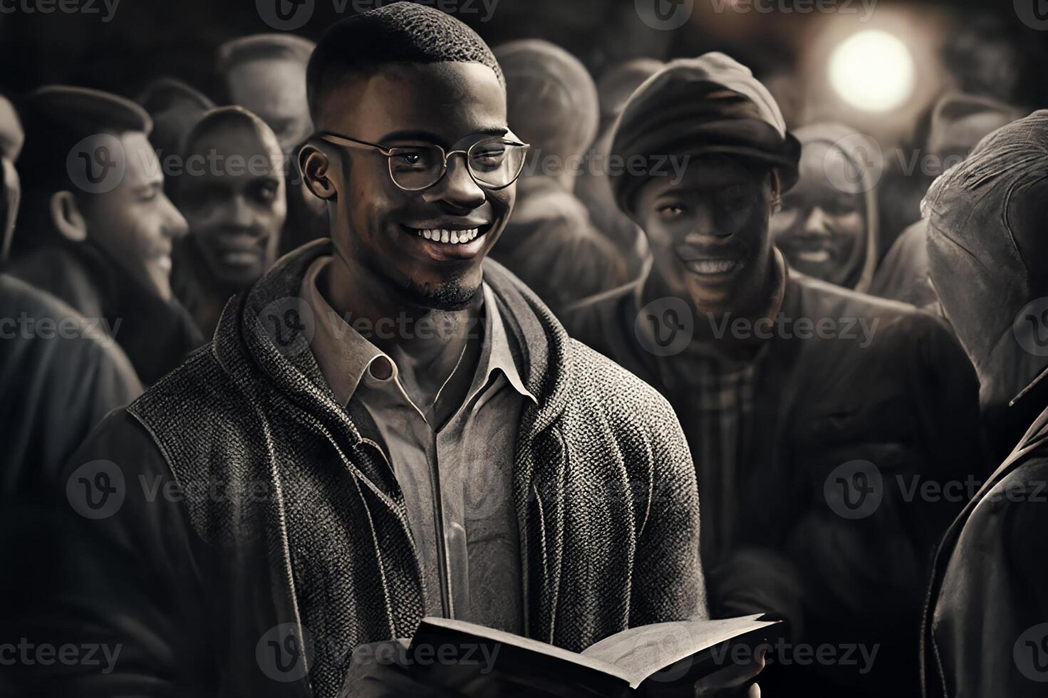 A young Black African teenager reading a book, smiling and winking his eye. photo