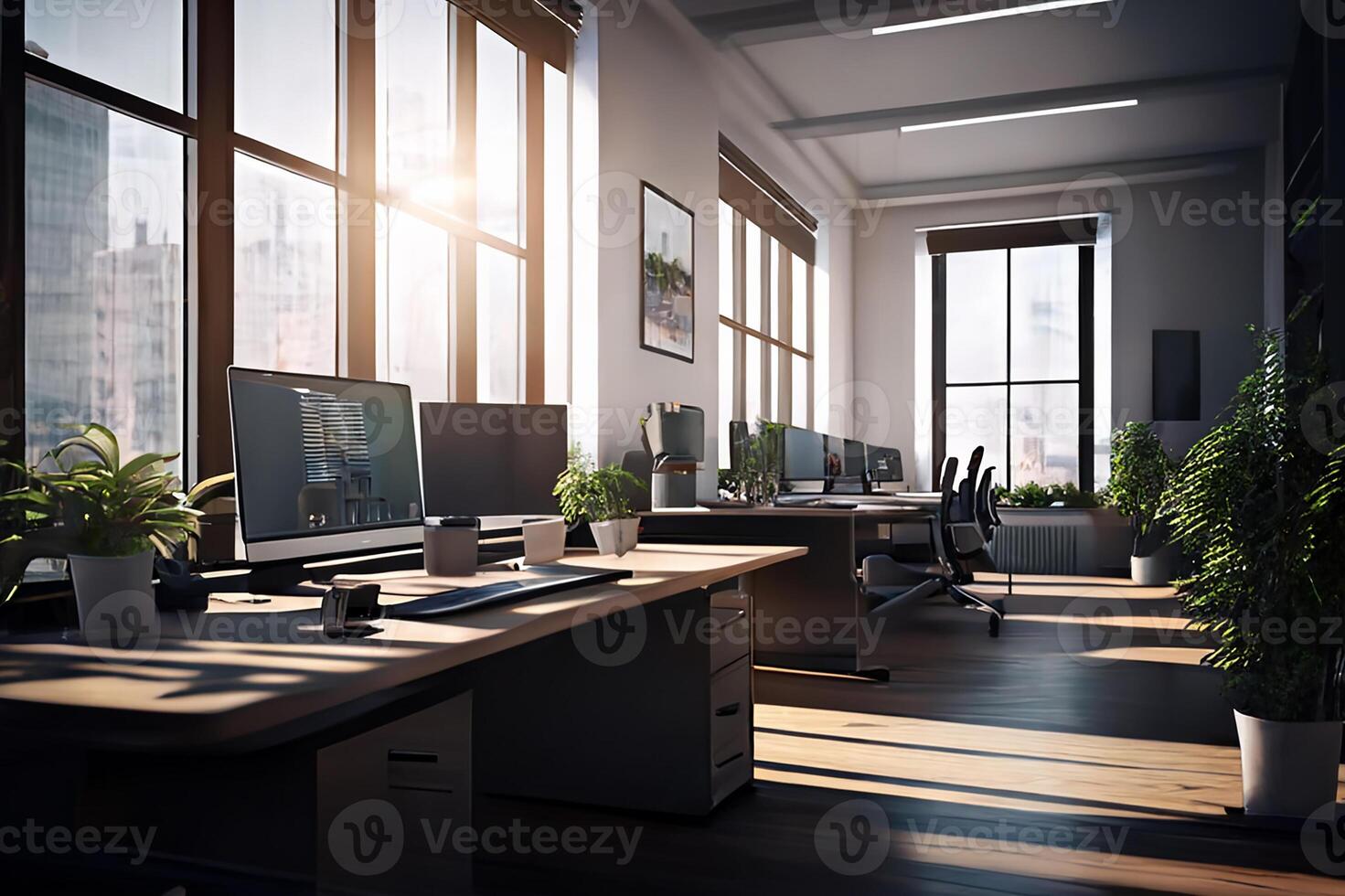 Business office in business tones, interior with large windows and penetrating sunlight. photo