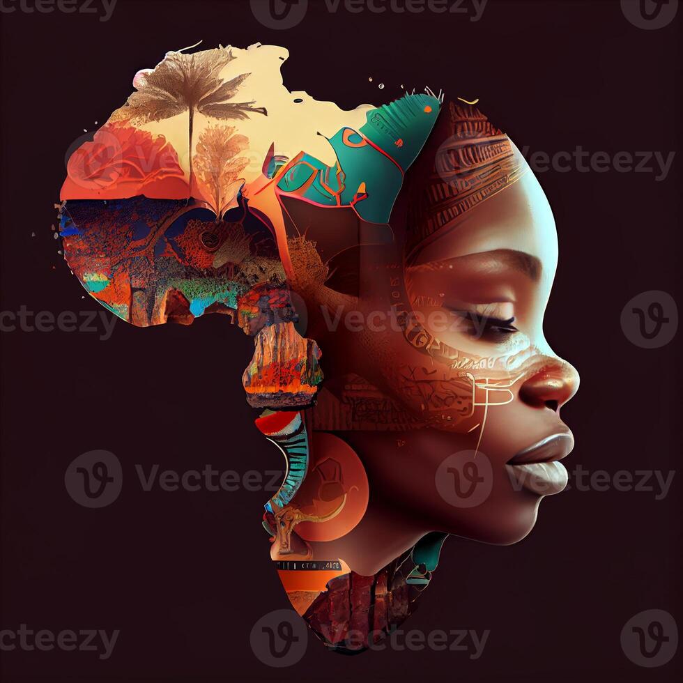 Africa, an art image of mainland Africa with a black African woman. photo