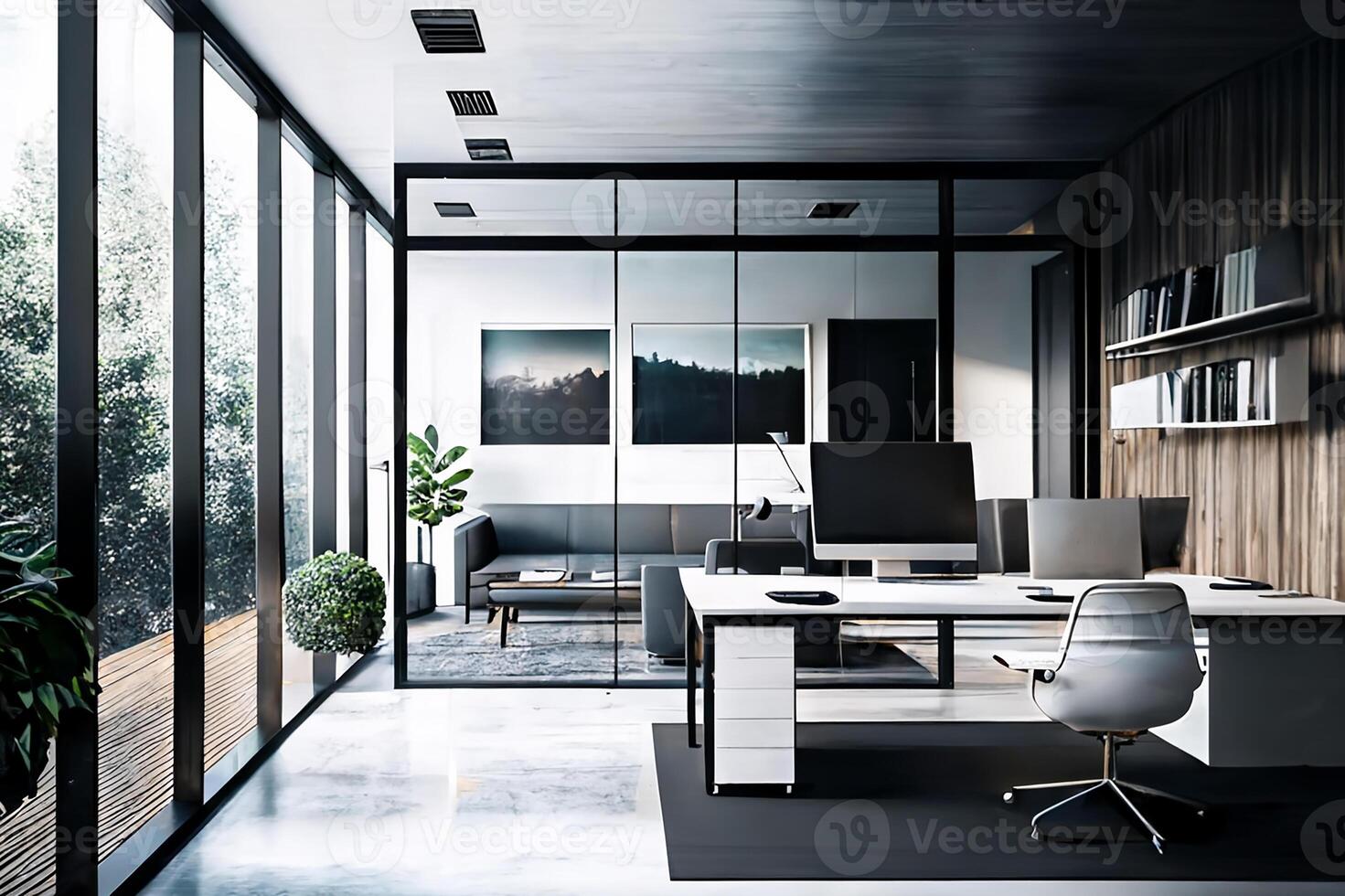 Business office in business tones, interior with large windows and penetrating sunlight. photo