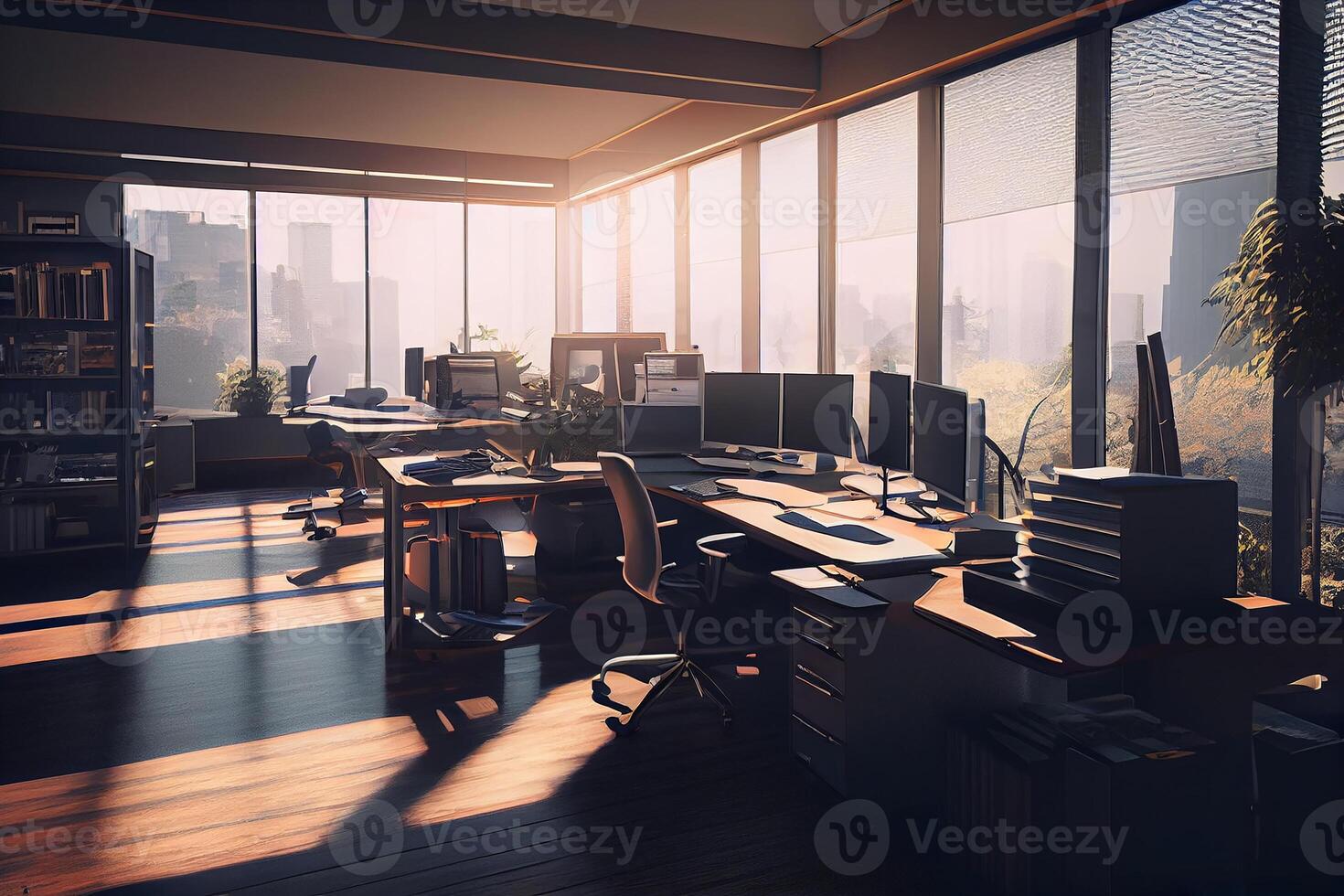 Business office in business tones, interior with large windows and penetrating sunlight. photo