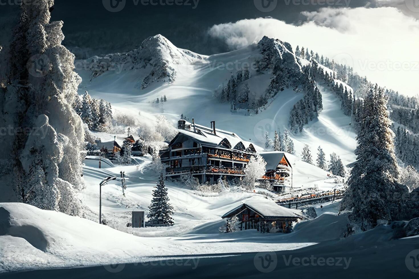 View of the hotel, a chalet in a ski resort against a backdrop of snowy mountains. photo