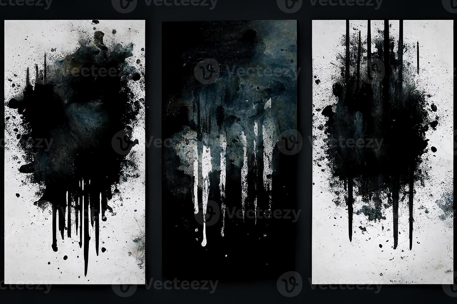 A set of three black grunge textures drawn in watercolor strokes. photo