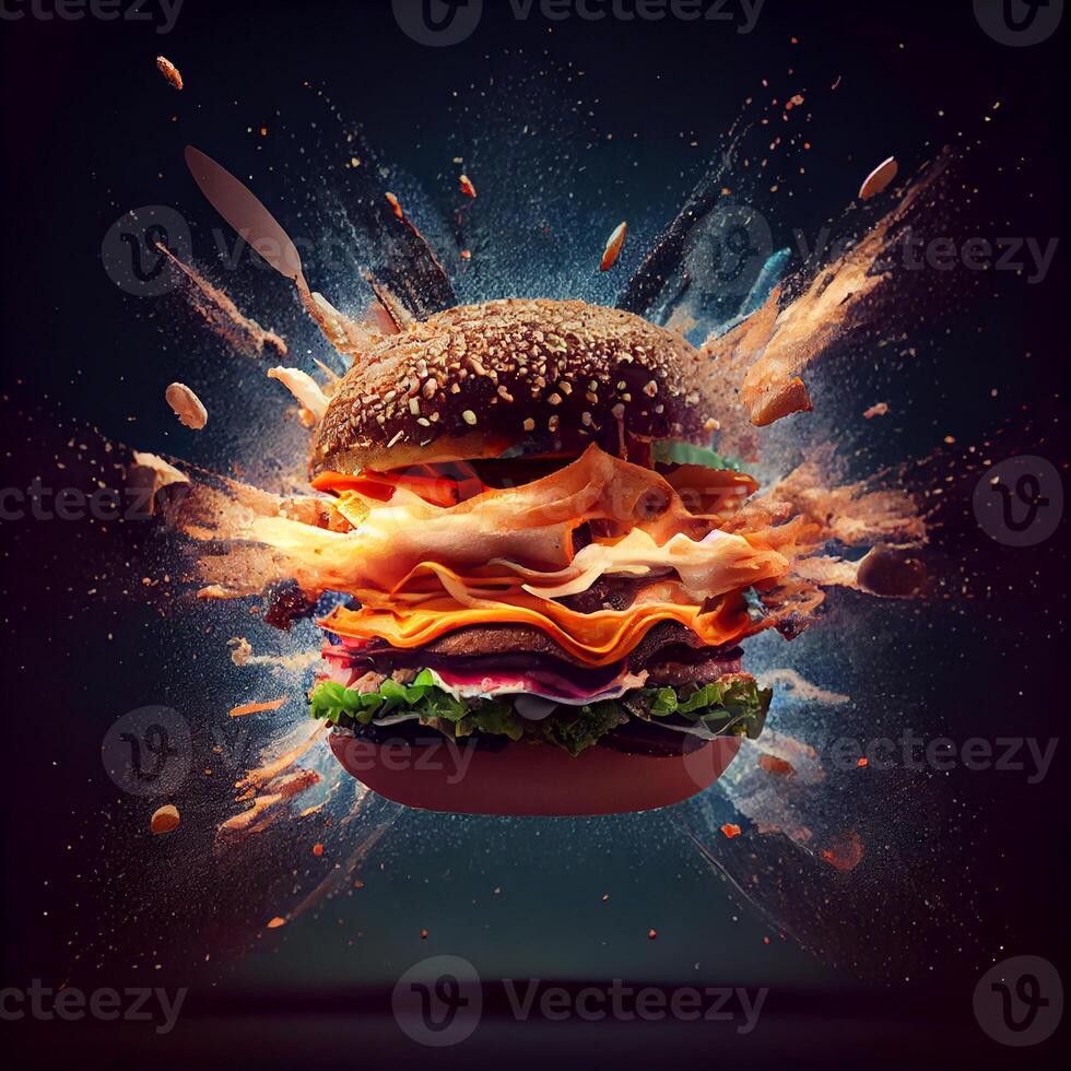 A hamburger in the air in the form of an explosion. Fast food concept. Dark background. photo