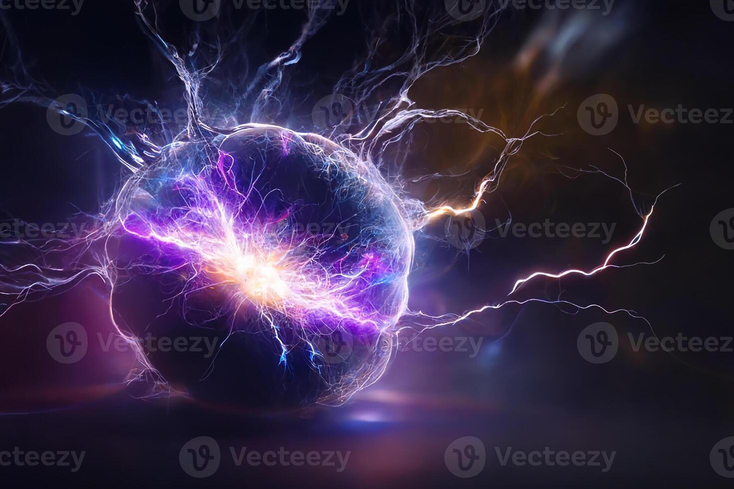 Electric ball lightning in neon colour scheme. Black background. photo