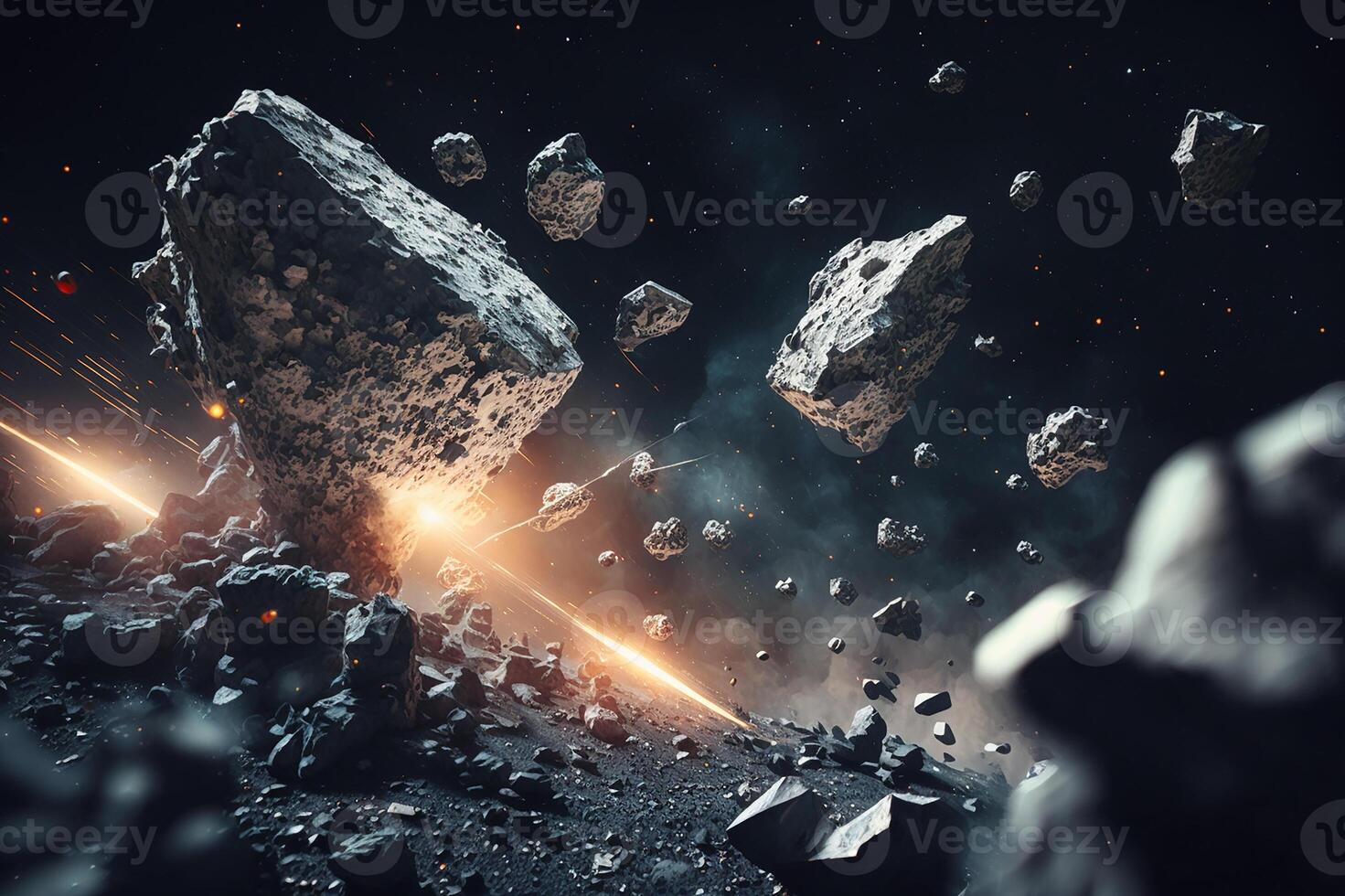 Asteroids in outer space, falling asteroids on the planet's surface. Cosmic background. photo