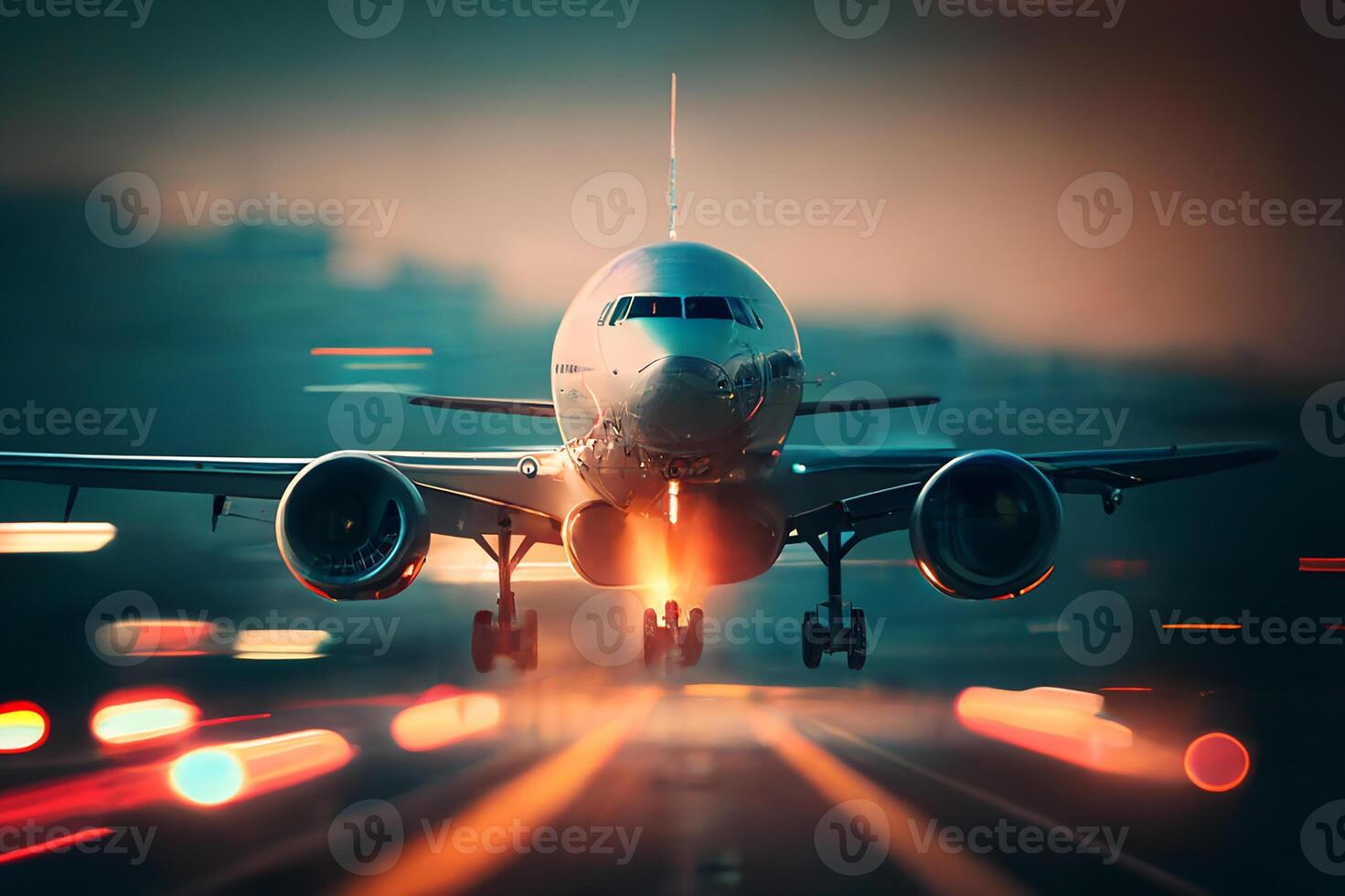 un pasajero avión tierras a el aeropuerto en el noche. generativo ai foto