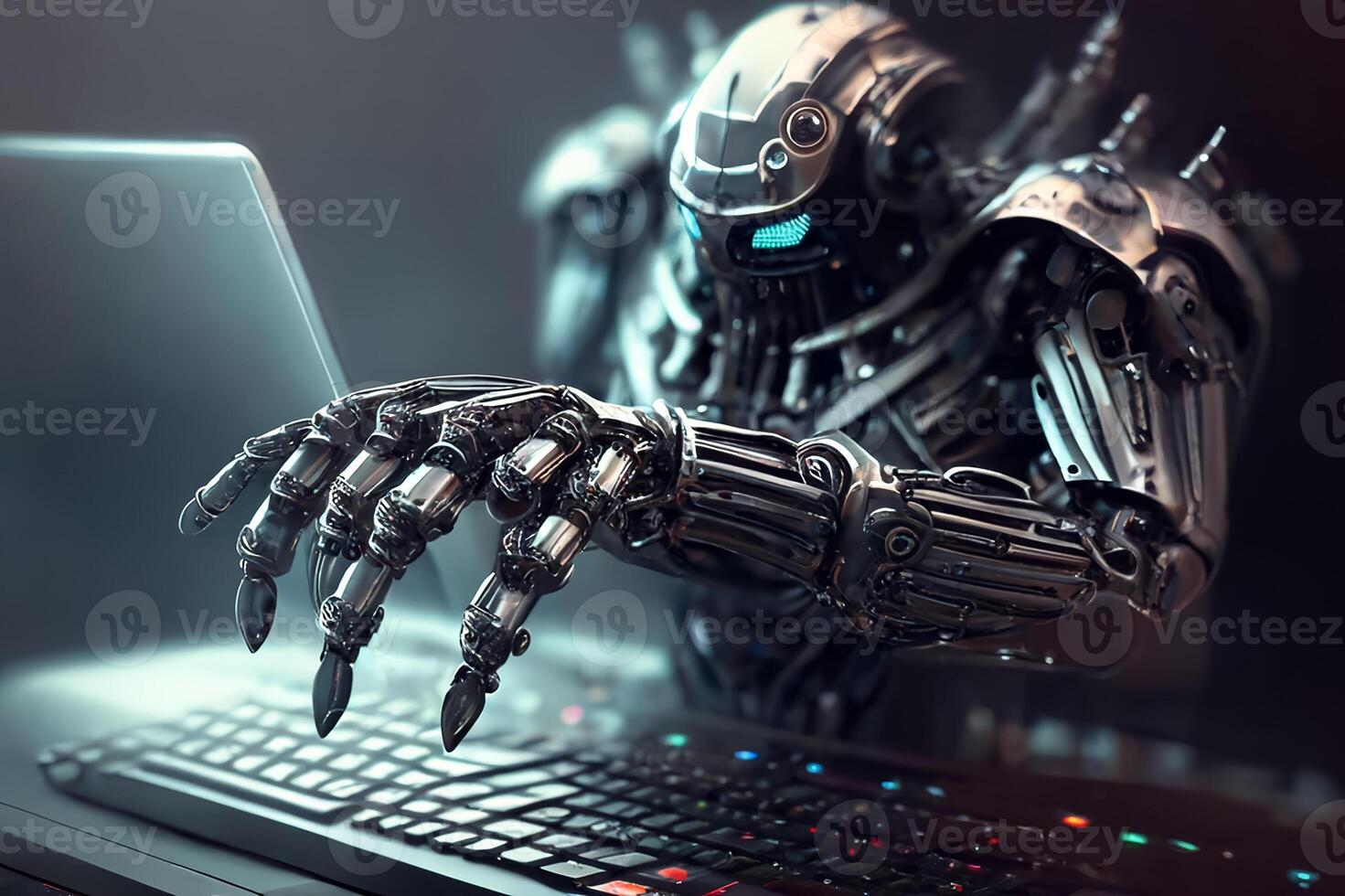 Artificial intelligence, a robot working in an office. photo