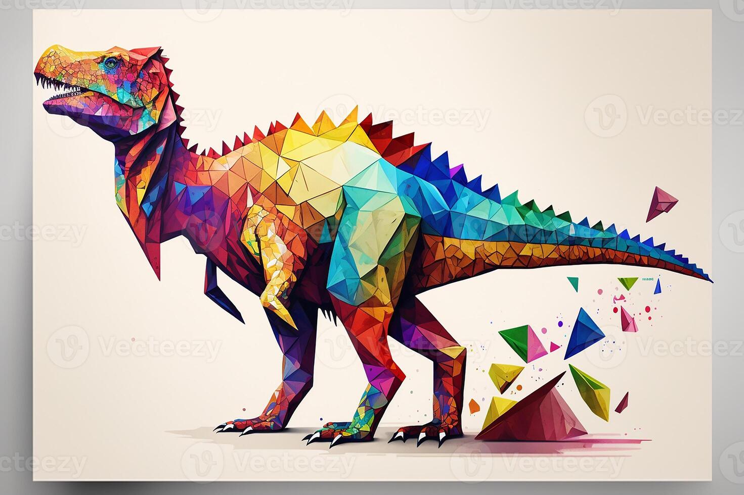 The dinosaur is drawn on a sheet of white paper in Low Poly style, in coloured triangles. Kid's drawing with crayons. photo