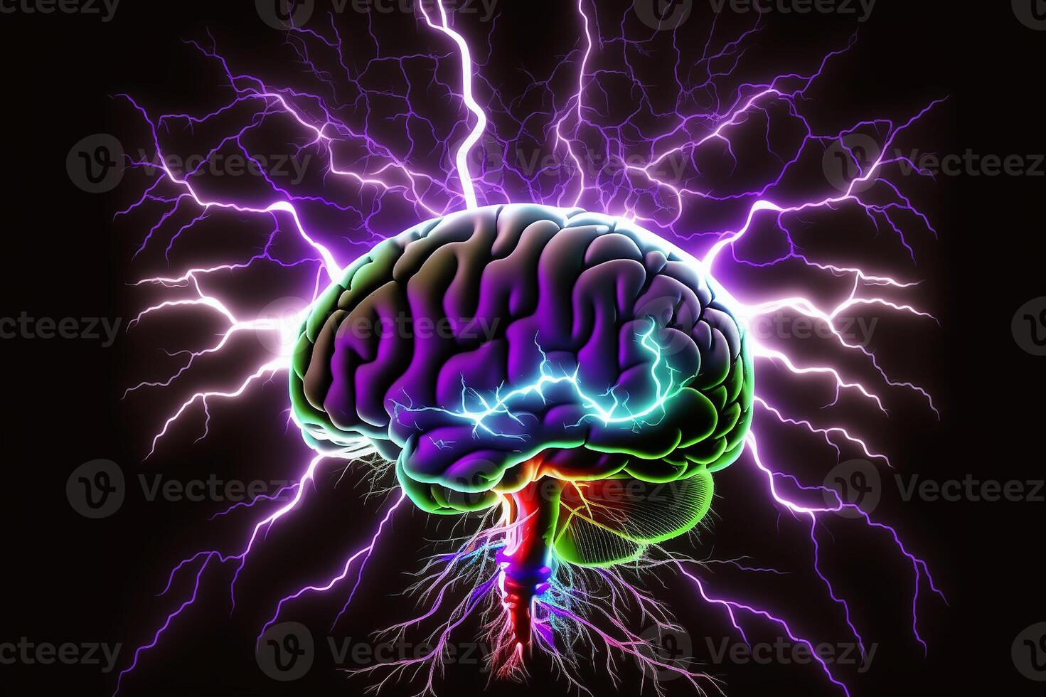 Brain blast, neon glowing brain with lightning bolts against a black background. Brainstorm, brain activity. photo