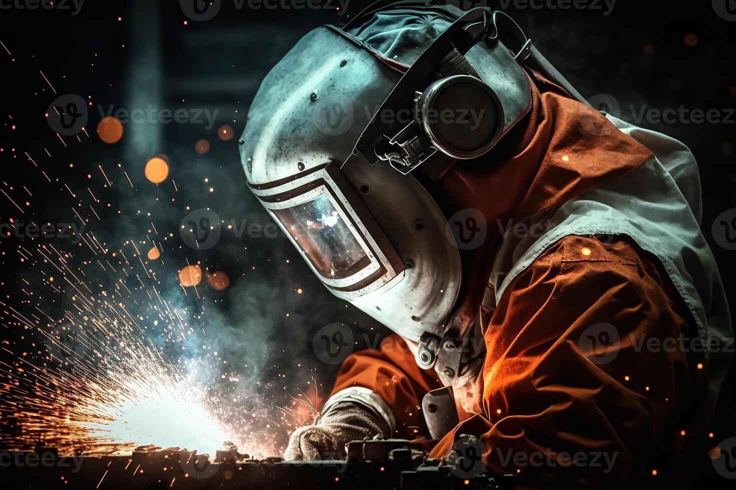 Worker, welder at work in protective clothing. Work process. photo