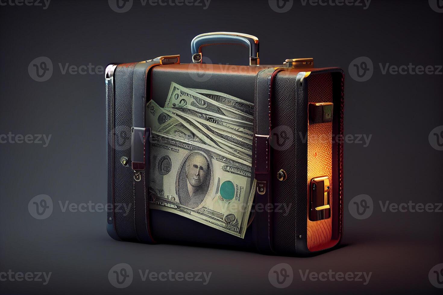 Money suitcase on a dark background. Black cash register. photo