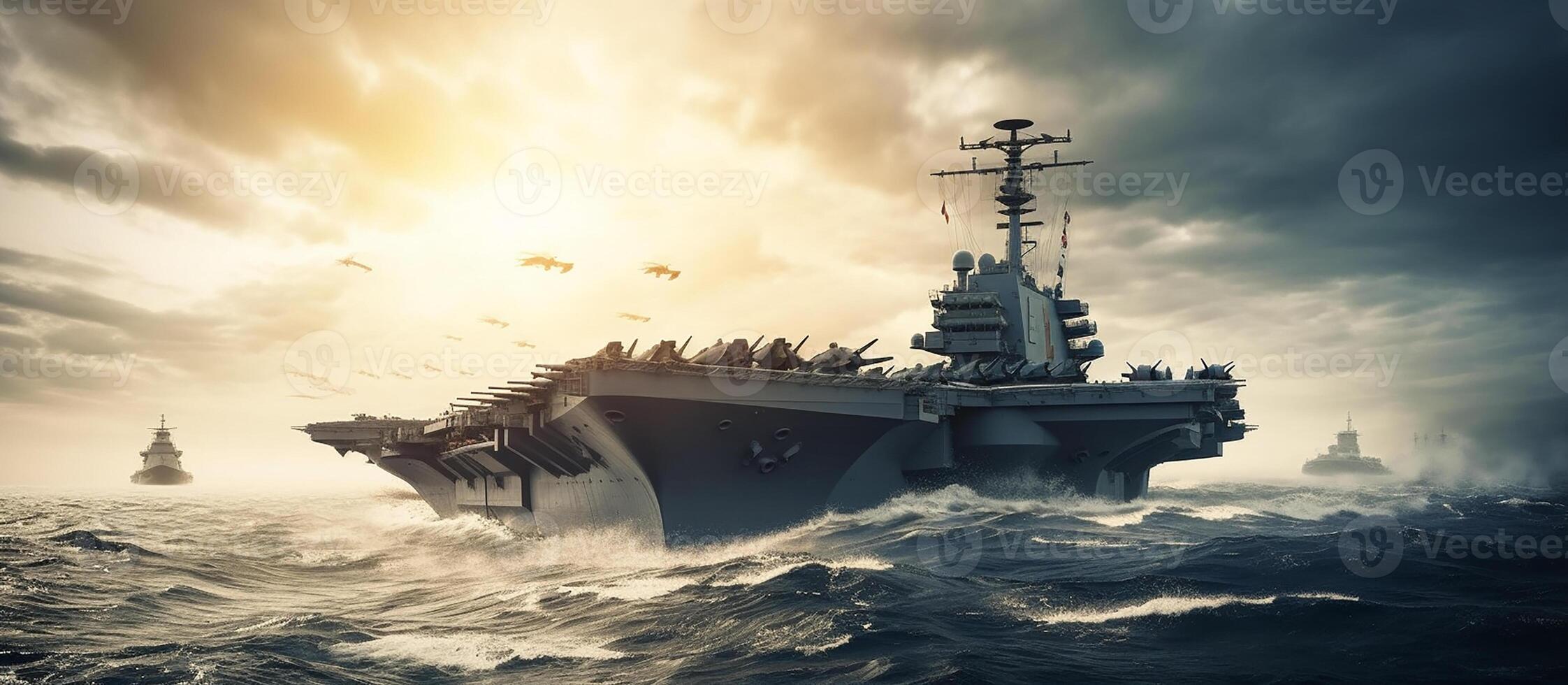 A warship, an aircraft carrier carrying warplanes on the high seas. A military air force. photo