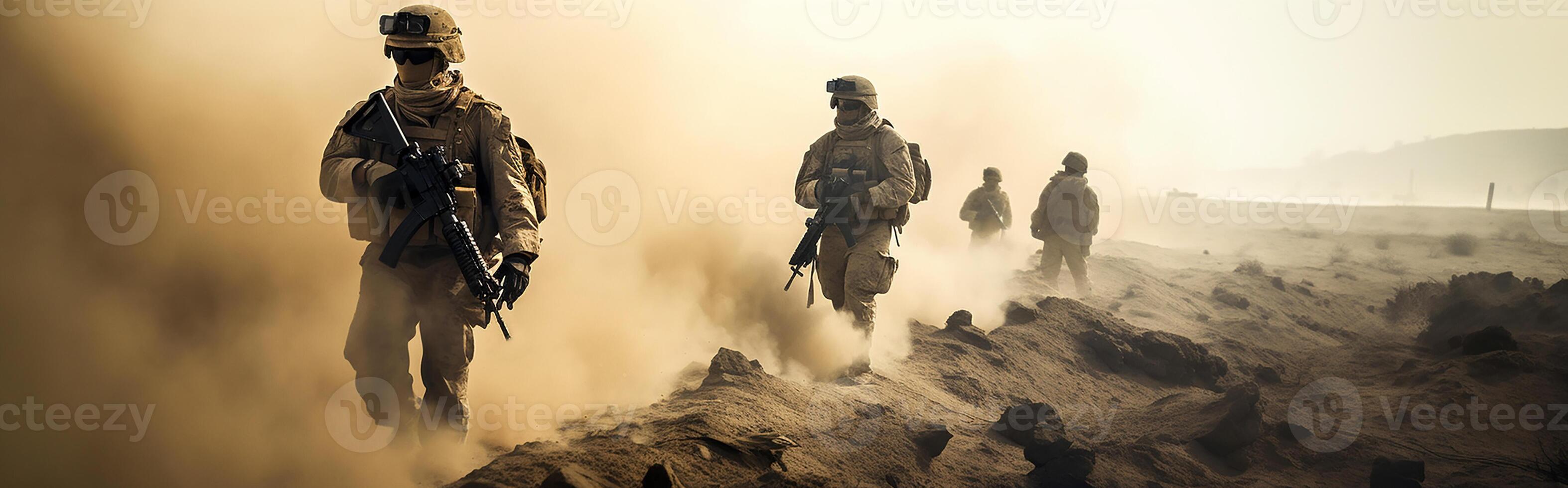 Military Special Forces soldiers cross a devastated war zone through fire and smoke in the desert, a broad poster design. photo