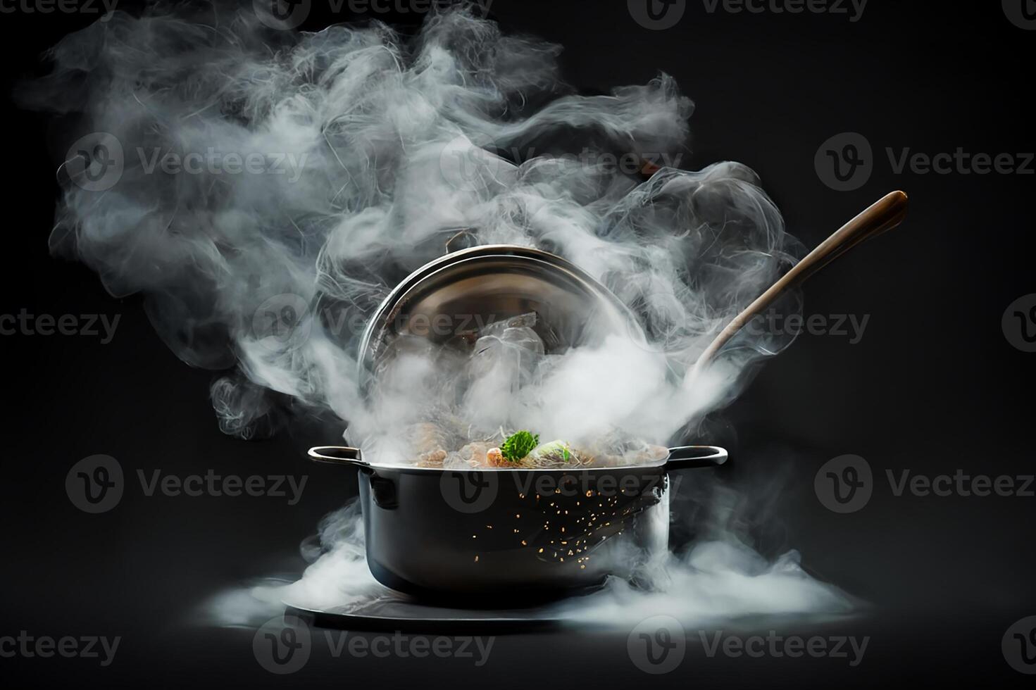 Metal pot with open lid and hot food with steam coming from it. Dark background. The chef. photo