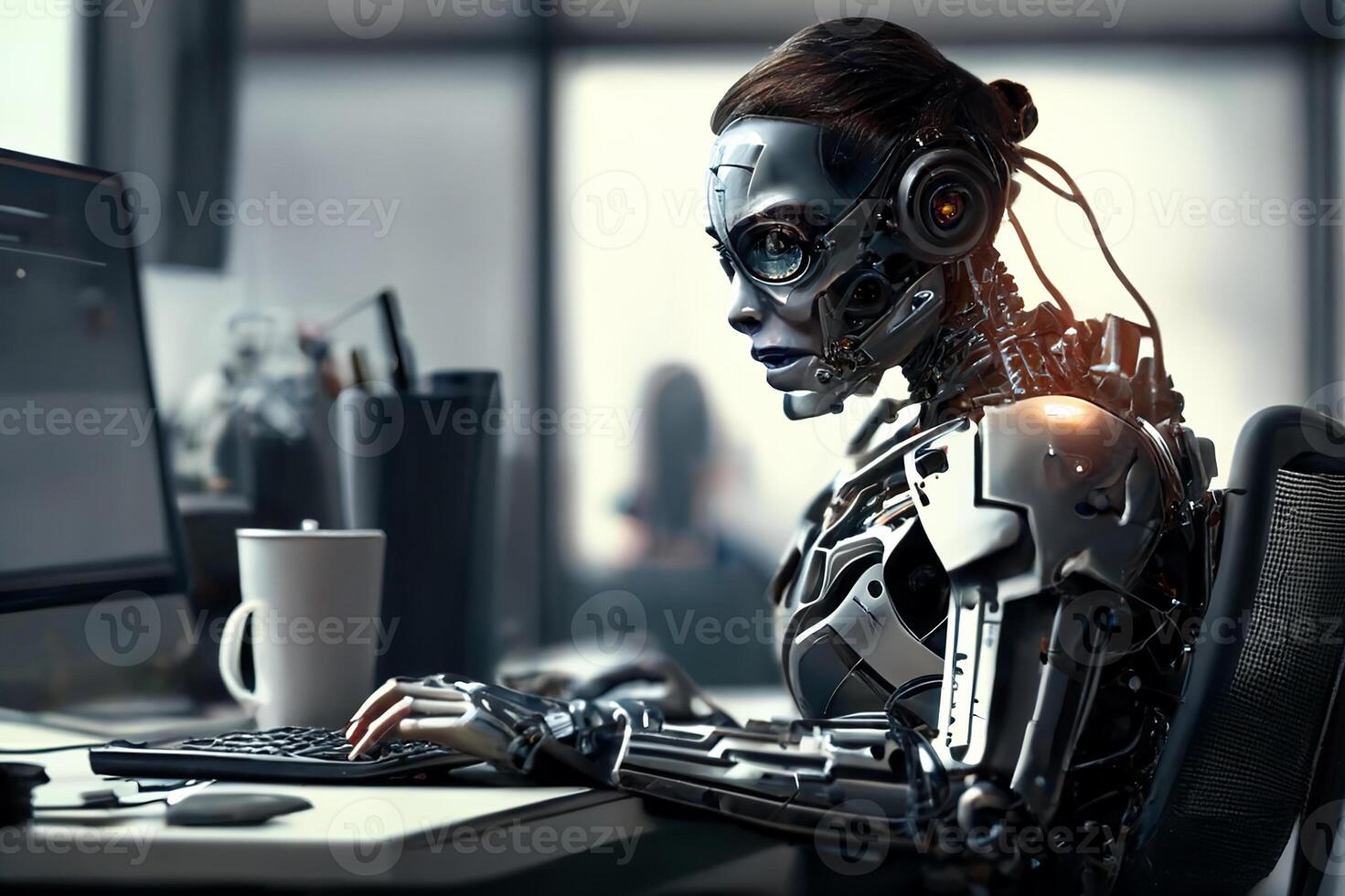 A female robot works at the computer in the office. Artificial intelligence system ChatGPT, Chat Bot AI , smart robot technology. photo