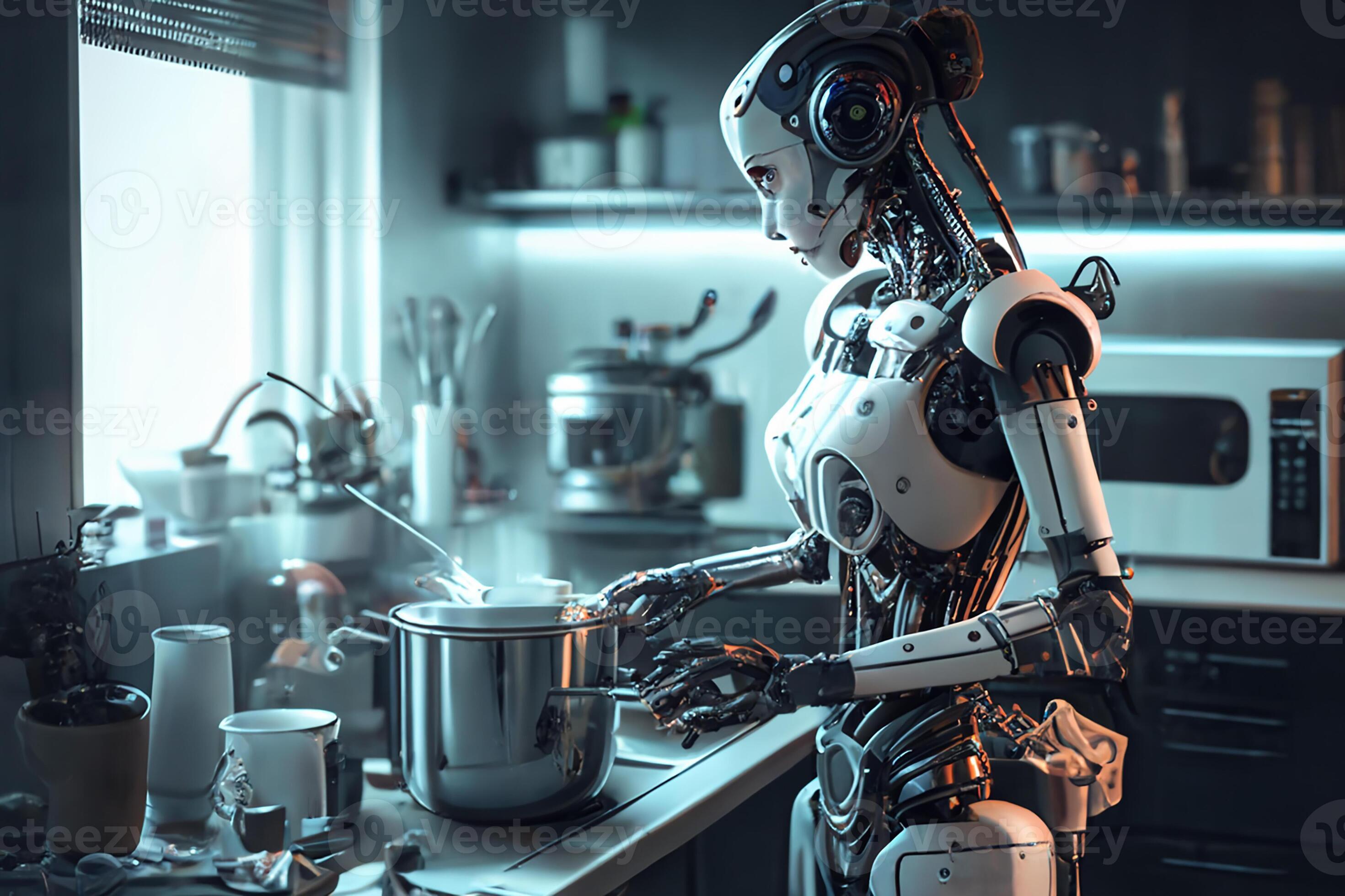 A female robot in the kitchen, a domestic helper. Housekeeper. 22771678