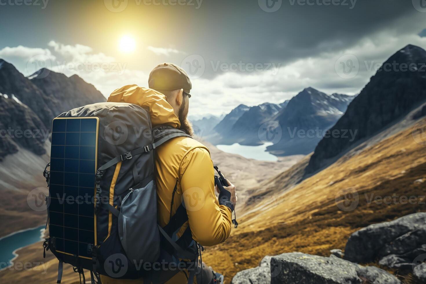 A young man hiking with a backpack that has solar panels attached to charge gadgets. A tech-savvy hiker. A backdrop of mountainous terrain. photo