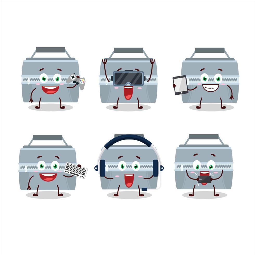 Grey lunch box cartoon character are playing games with various cute emoticons vector