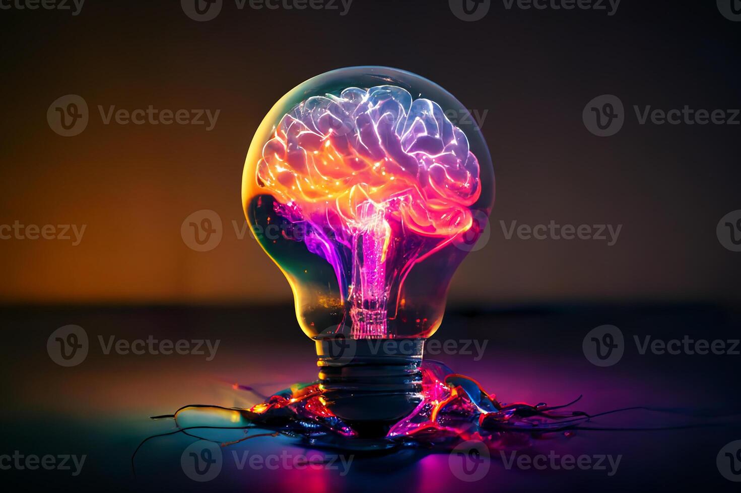 The human brain is inside a light bulb. Creative neon brain glow. photo