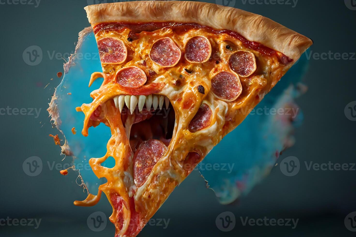 monstruo Pizza. un grande triangular rebanada de Pizza con dientes. el concepto de no comiendo bien. generativo ai foto