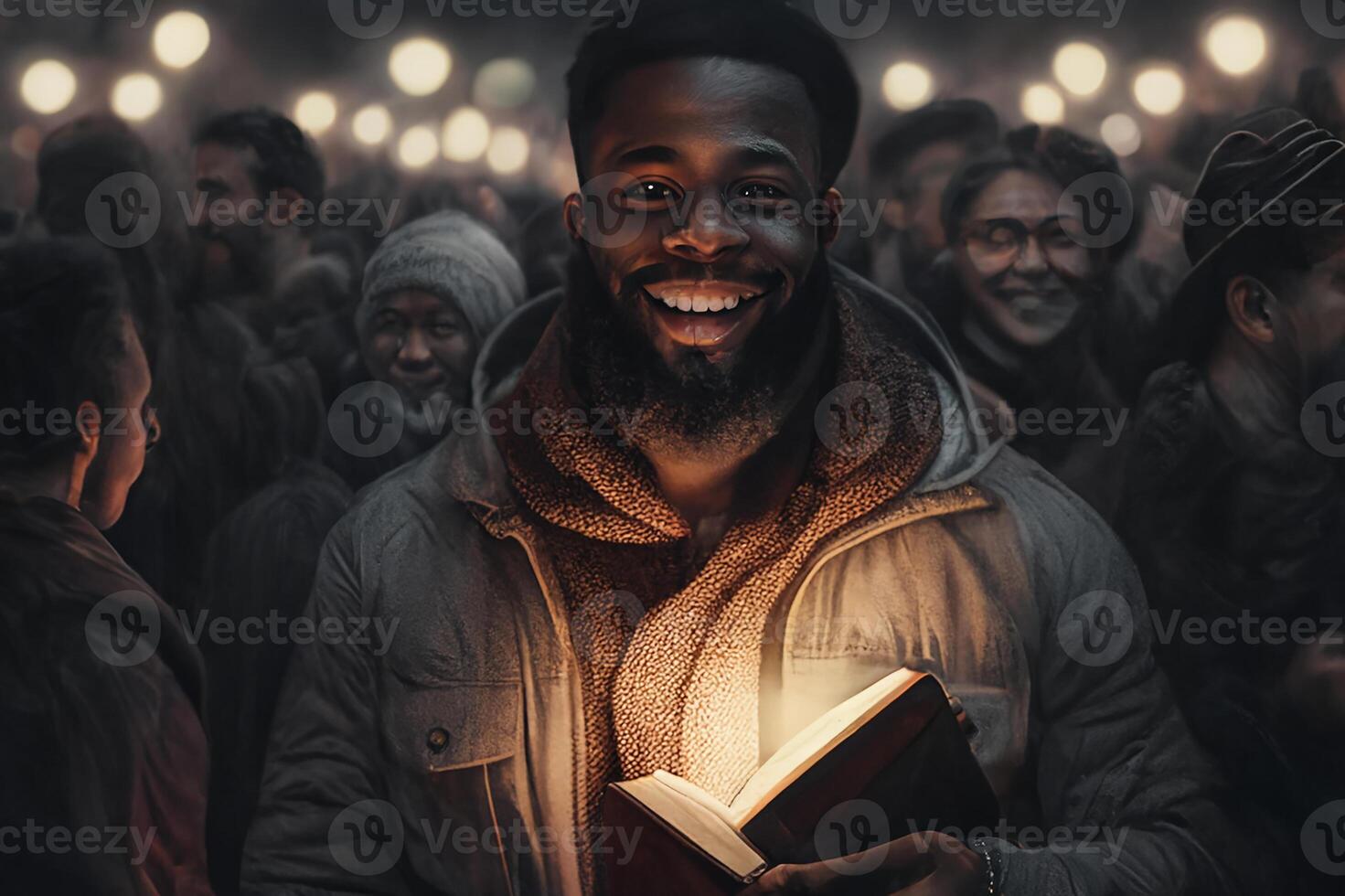 un joven de piel oscura hombre sonrisas y lee un libro, un Biblia ese calienta él con sus adivinar brillo. generativo ai foto