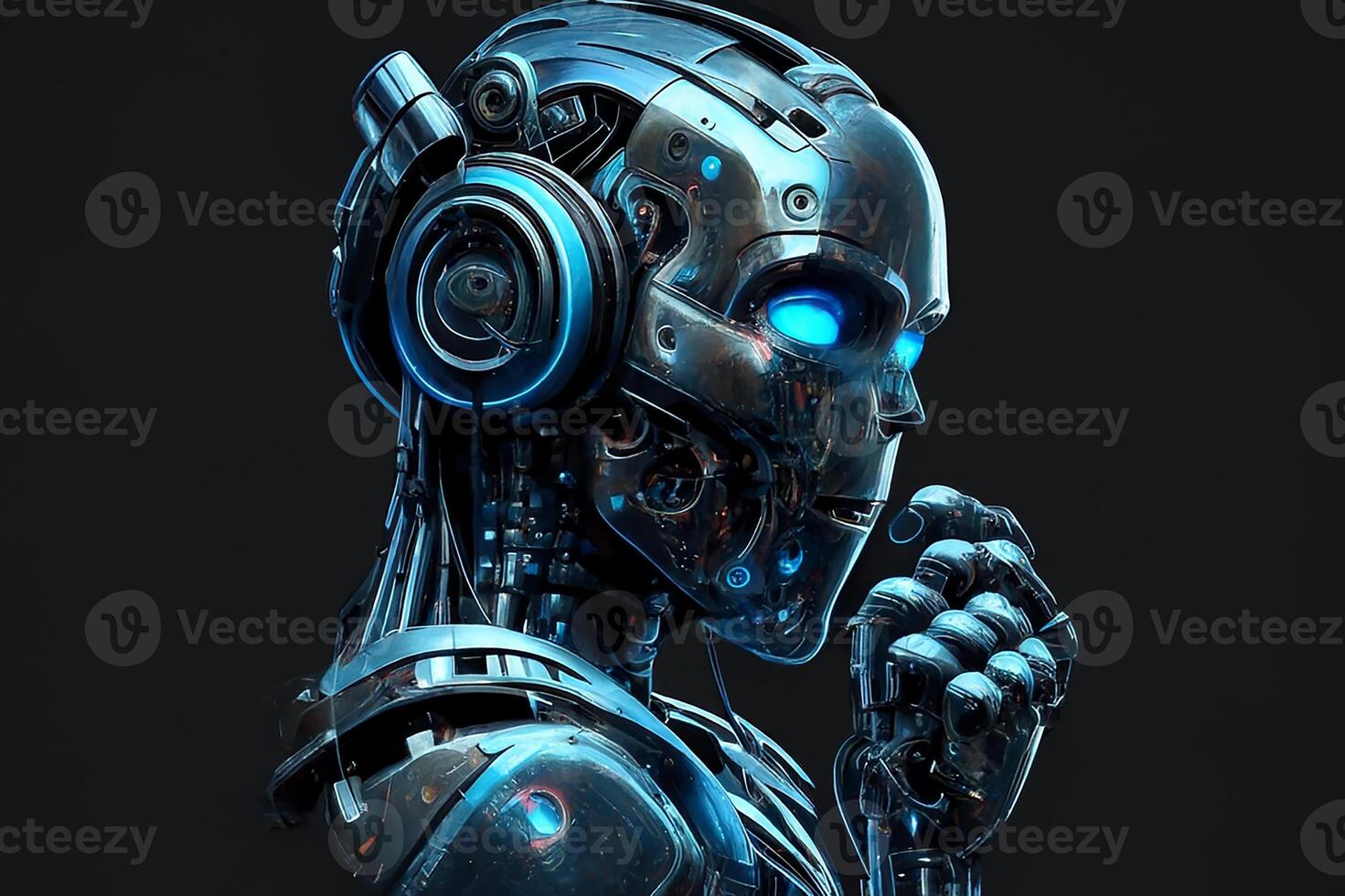 Artificial intelligence, a thinking robot in neon colors on a black background. photo