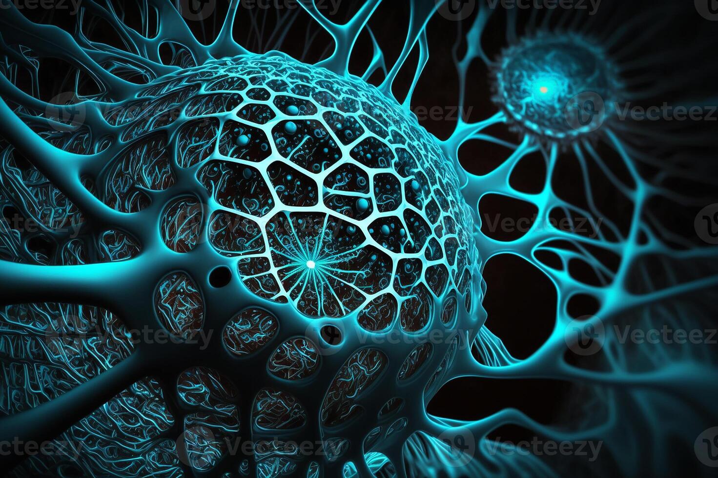 Digital web, abstract neural network, cell structure, fractal geometry, neon blue. photo