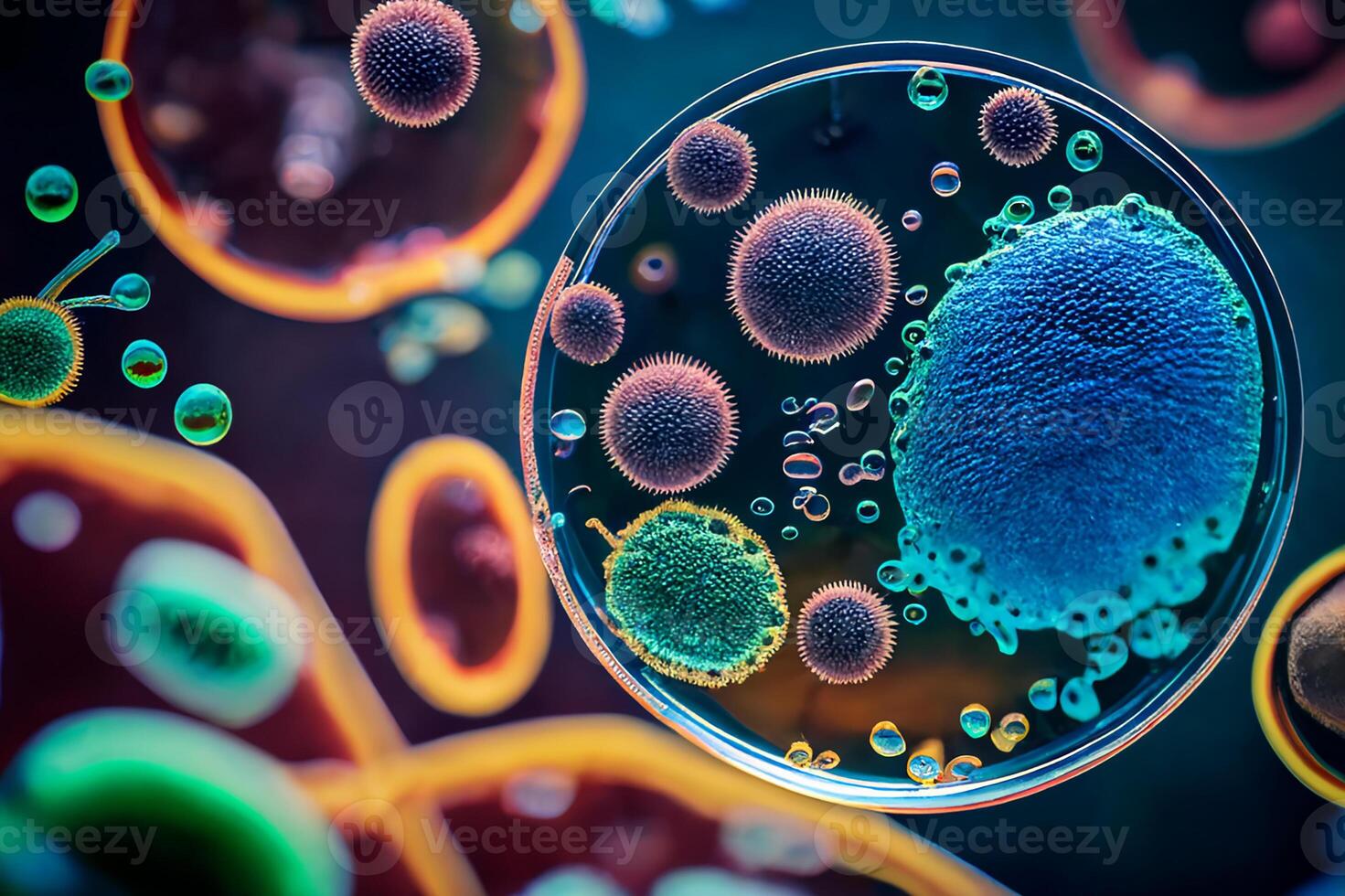 bacterias, microbios, células de cerca, macro, en un petri plato. generativo ai foto