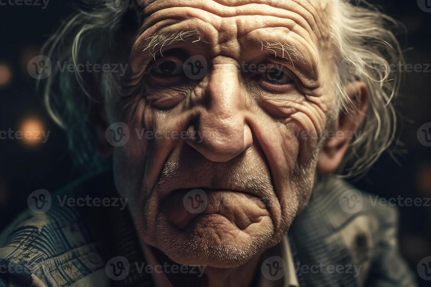 A portrait of an old, elderly man who looks directly into the camera. photo