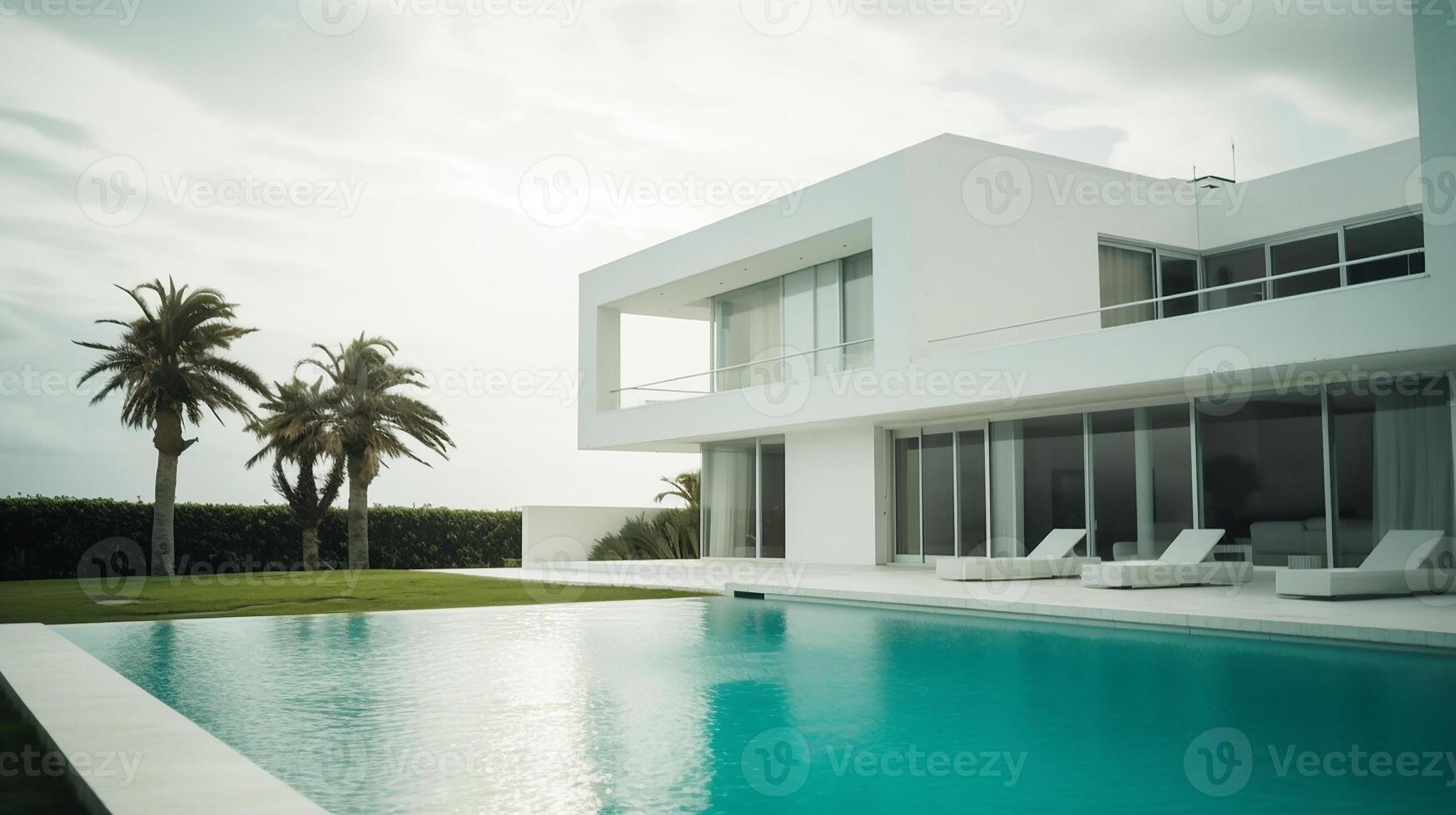Design, Contemporary white home with panoramic windows and pool, with a backyard overlooking the ocean. photo