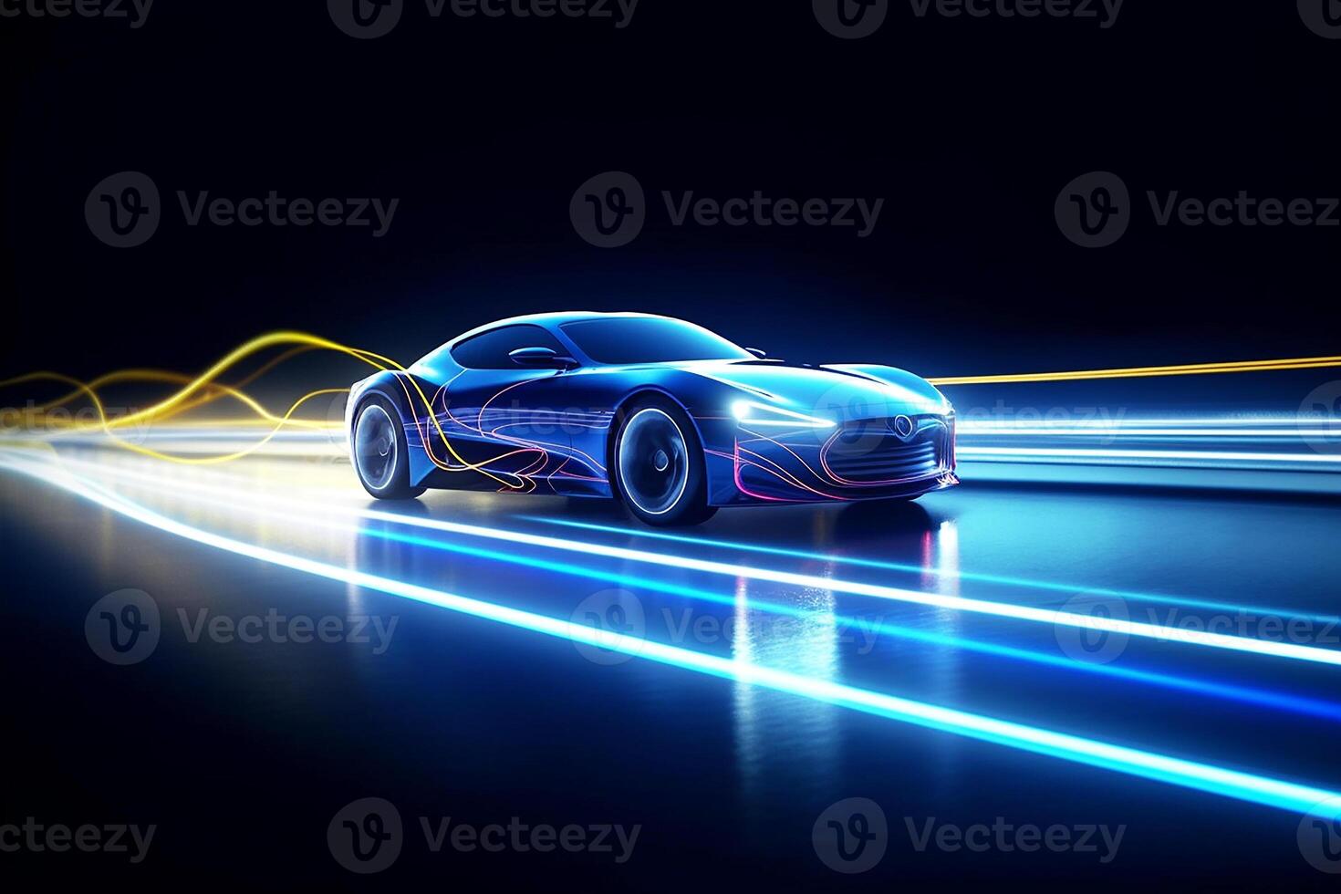Racing car in neon colors in motion. Street racing. Art. photo
